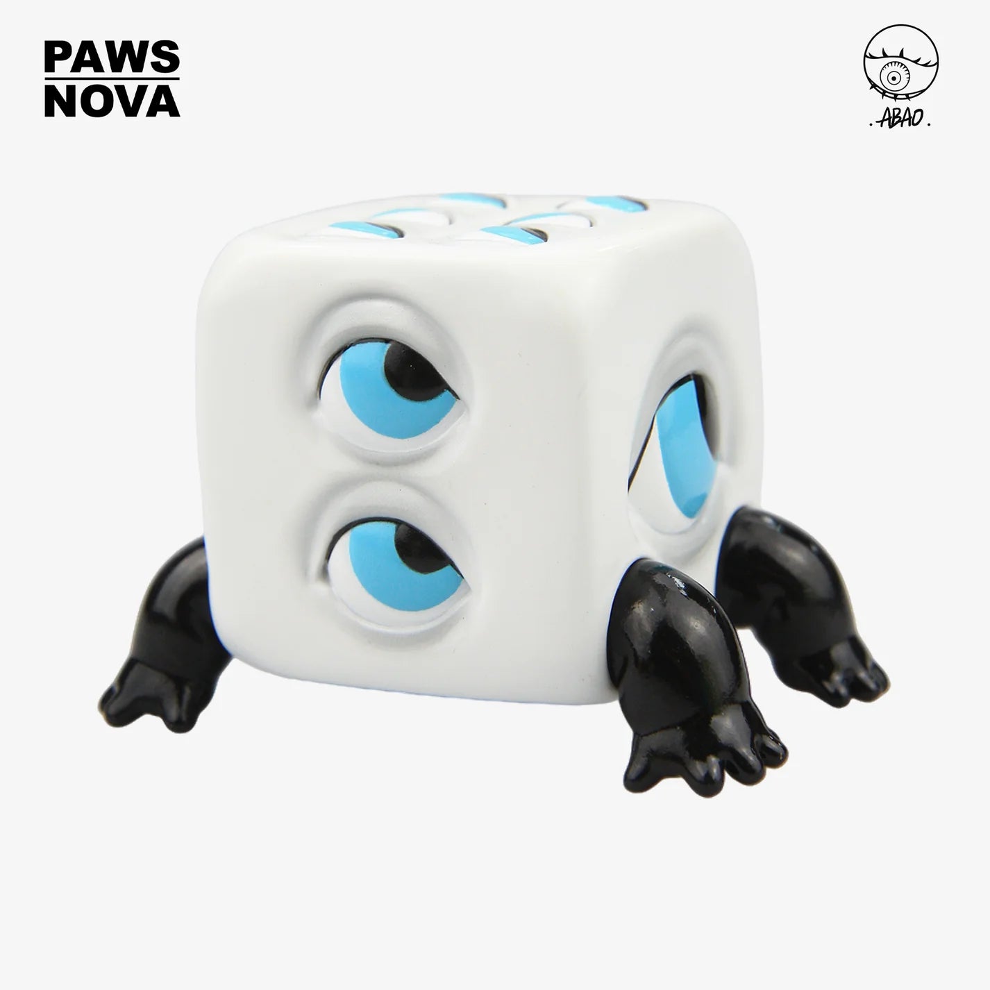 Evil dice baby - KENKEN-LUCKY PANDA ver. by ABAO, a 3x3 PVC toy featuring a white cube with distinct blue eyes and legs.