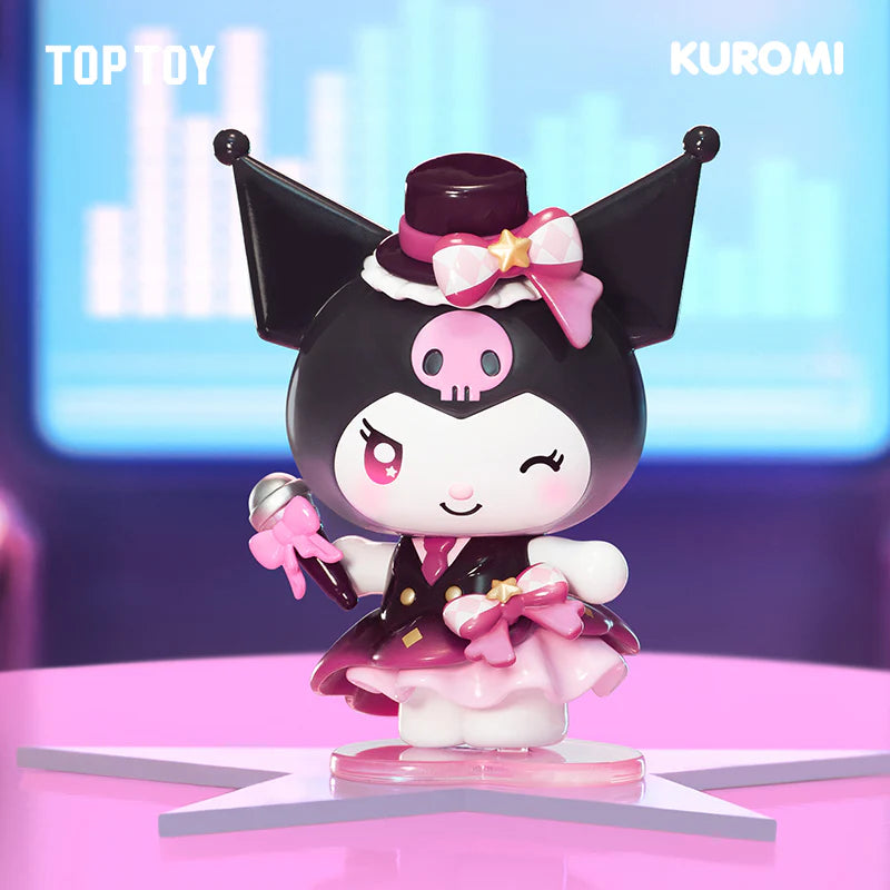 Kuromi Sparking Idol Series Blind Box collectible toy figure, styled as a pop-star, with a top-hat, dress, microphone, on a star stage base.