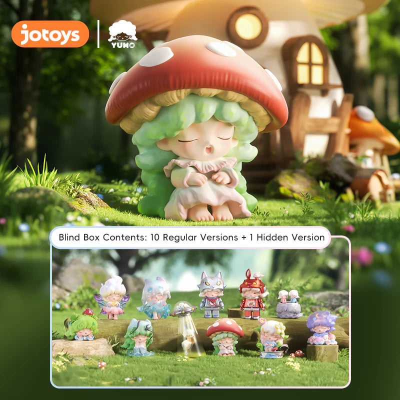 YUMO DREAMCORE ISLAND SERIES chibi figures, featuring a girl under a mushroom cap, surrounded by 10 themed variants and a secret version in a forest setting.