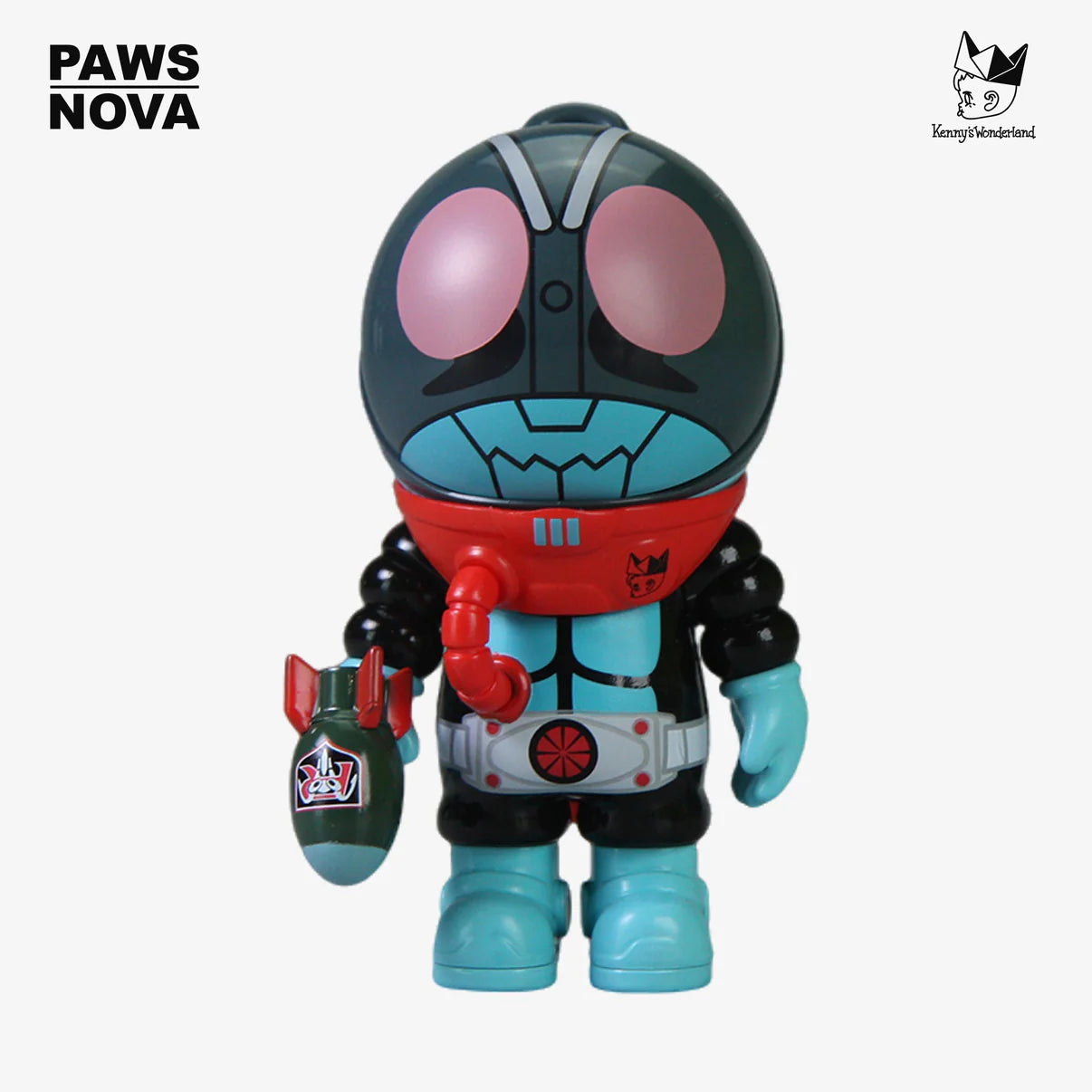 SAMSAM ADVENTURER X KAMEN RIDER BLIND BOX featuring a turquoise, retro-sci-fi PAWS NOVA figure with bomb accessory, part of an 8-design mystery series.