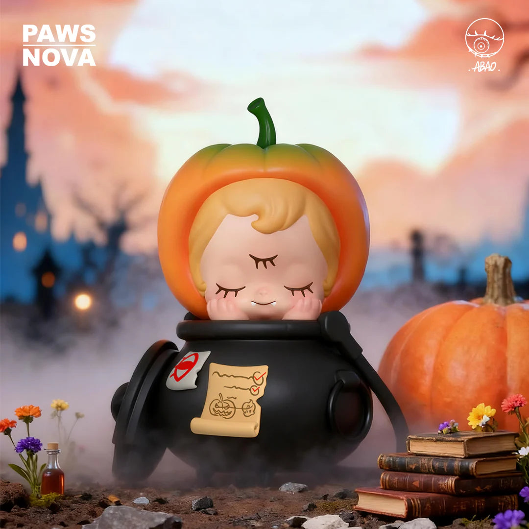 ABAO PUMPKIN SOUP DEDE: A cherubic figure sleeps in a cauldron, pumpkin helmet on head, surrounded by books and potion, in a foggy, gothic scene.