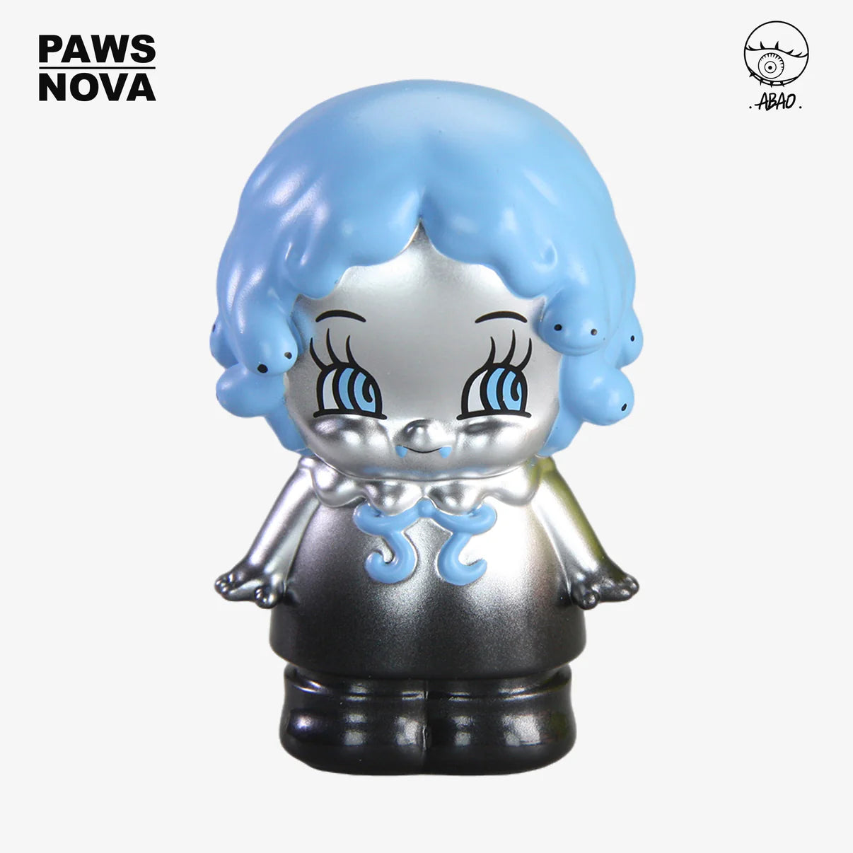 GRAPE BRAIN x ABAO BLINDBOX (SILVER AND BLUE) art toy with metallic-silver body, glossy shoes, baby-blue hair, and cartoon eyes, featuring PAWS NOVA design.
