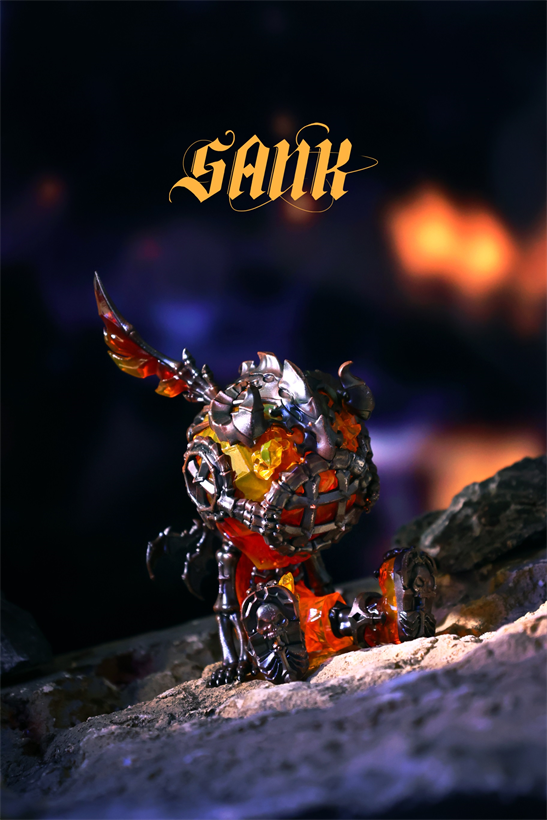 Good Night Series-Shadow Guardian-Blazing Armor toy, preorder, resin, partially UV reactive, limited edition, depicted with glowing orange-yellow face, available at Strangecat Toys.