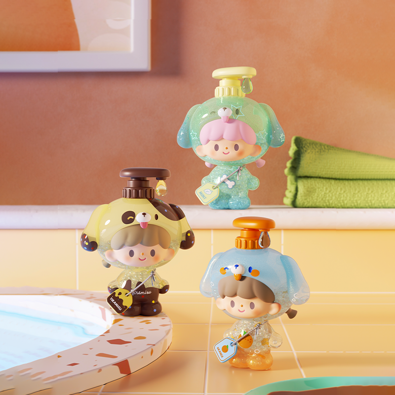 zZoton Bubble Bath Blind Box Series - Preorder features whimsical puppy costume dispensers with gel beads, displayed on a bathroom counter.