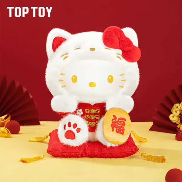 Hello Kitty Lucky Cat Series Plush Figure, combining Hello Kitty with Maneki-neko design, holds a fortune coin, dressed in festive red-and-gold on a cushion.
