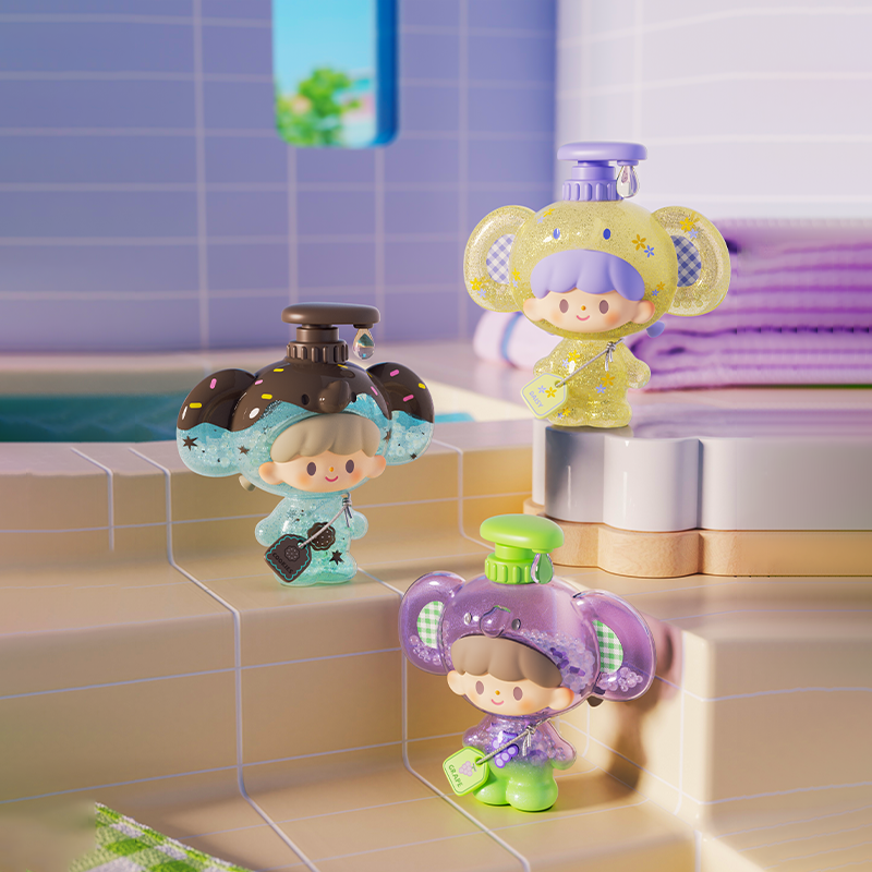 zZoton Bubble Bath Blind Box Series - Preorder features three toy-like character bottles posed beside a pastel tub, each with unique designs and playful accessories.