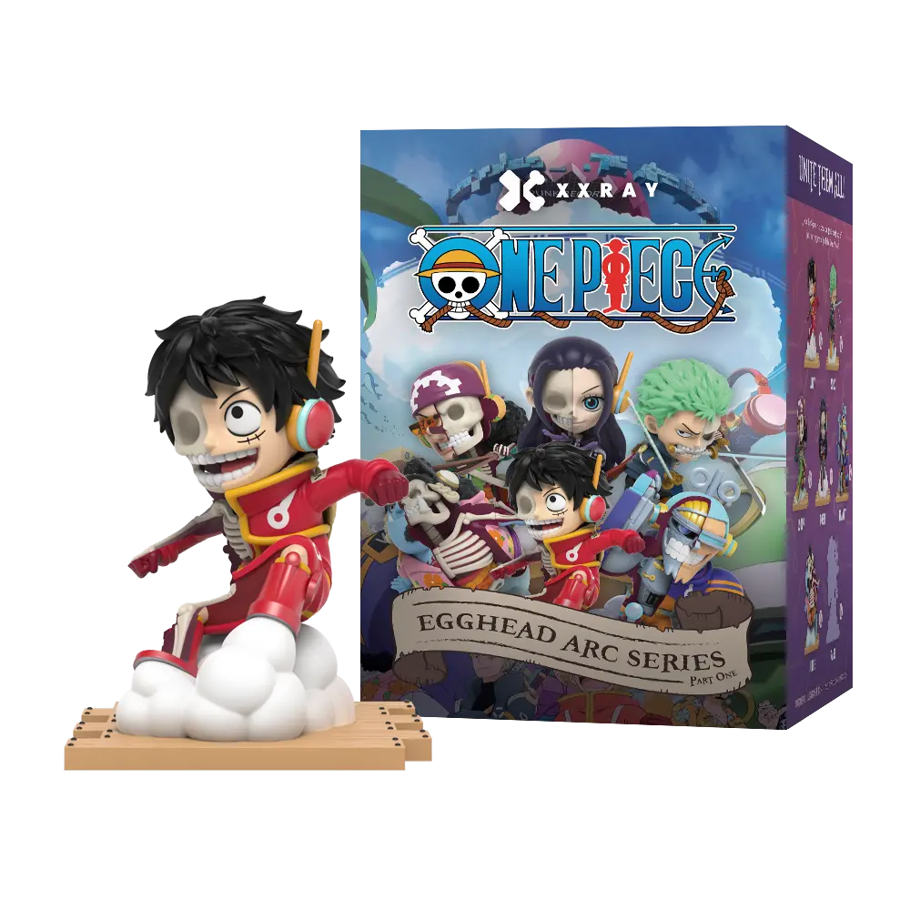 Monkey D. Luffy half-skeletal vinyl figure from ONE PIECE x Jason Freeny Blind Box Series: Egghead Island (First Edition) with retail box featuring Straw Hat crew art.