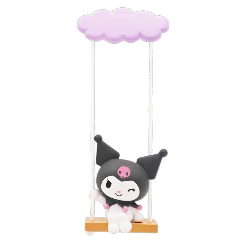 Kuromi figurine on a swing from Sanrio Characters Swing Gacha Series, featuring a pastel-pink cloud and signature black jester's hat.