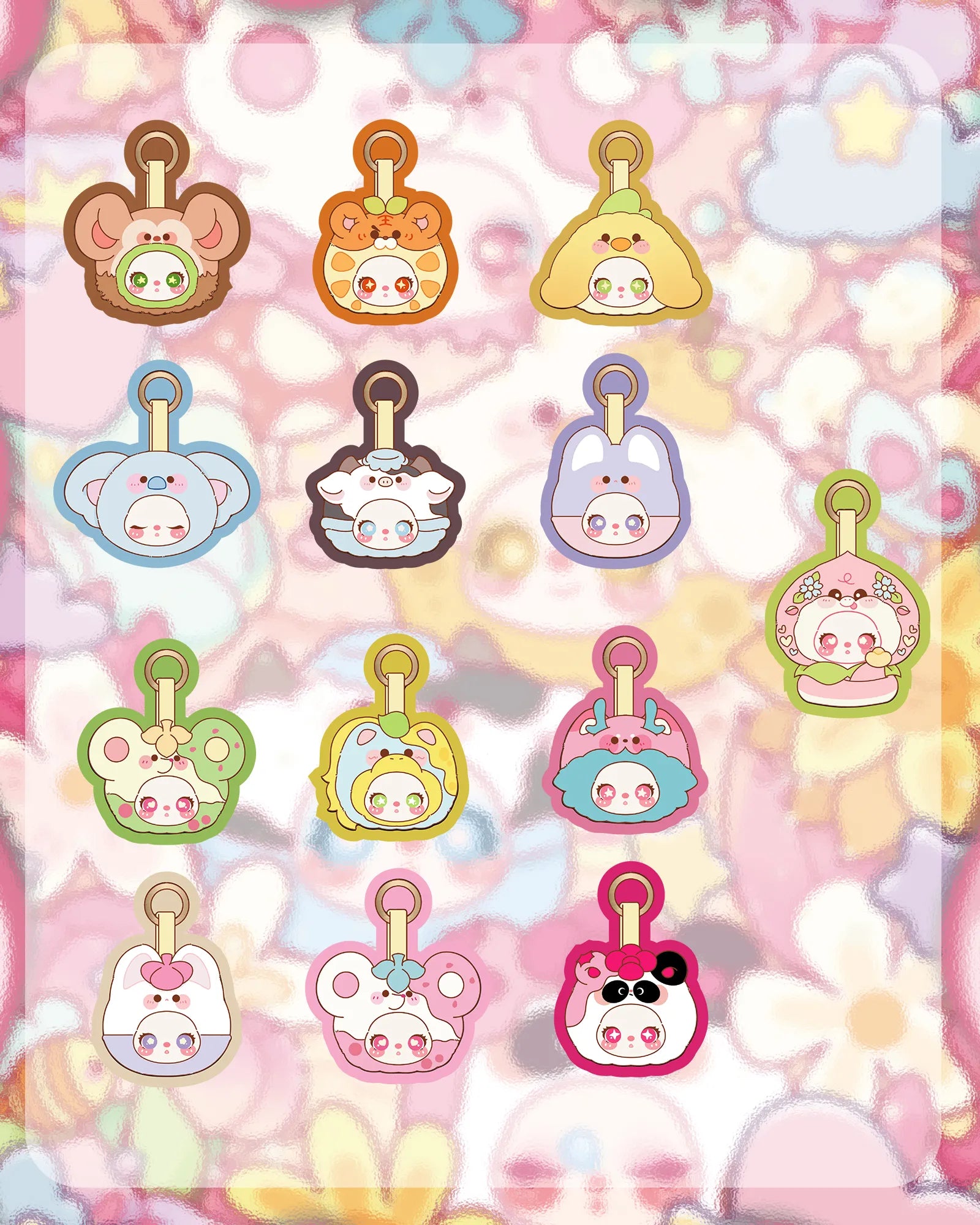 Liila’s Garden Tea Party Mini Plush Blind Box features 15 kawaii-style charms with animal-themed hats, showcasing adorable characters in a whimsical grid layout.