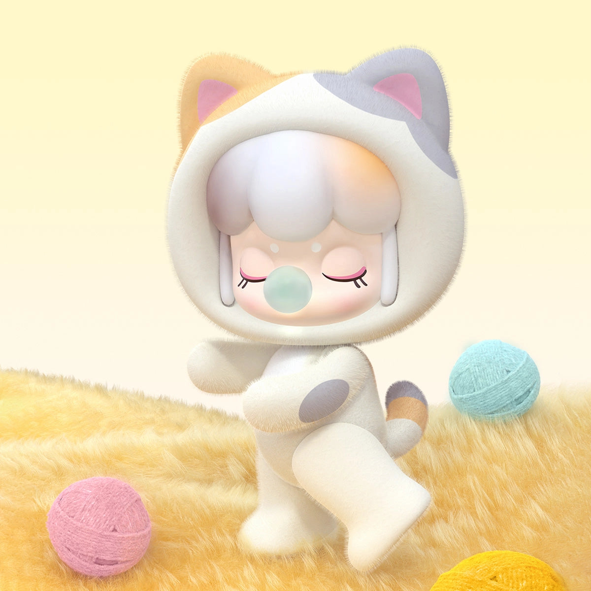 Stylized character in a fluffy cat onesie blowing bubble gum, surrounded by yarn; part of Baby Nanci Fluffy Party Blind Box Series.