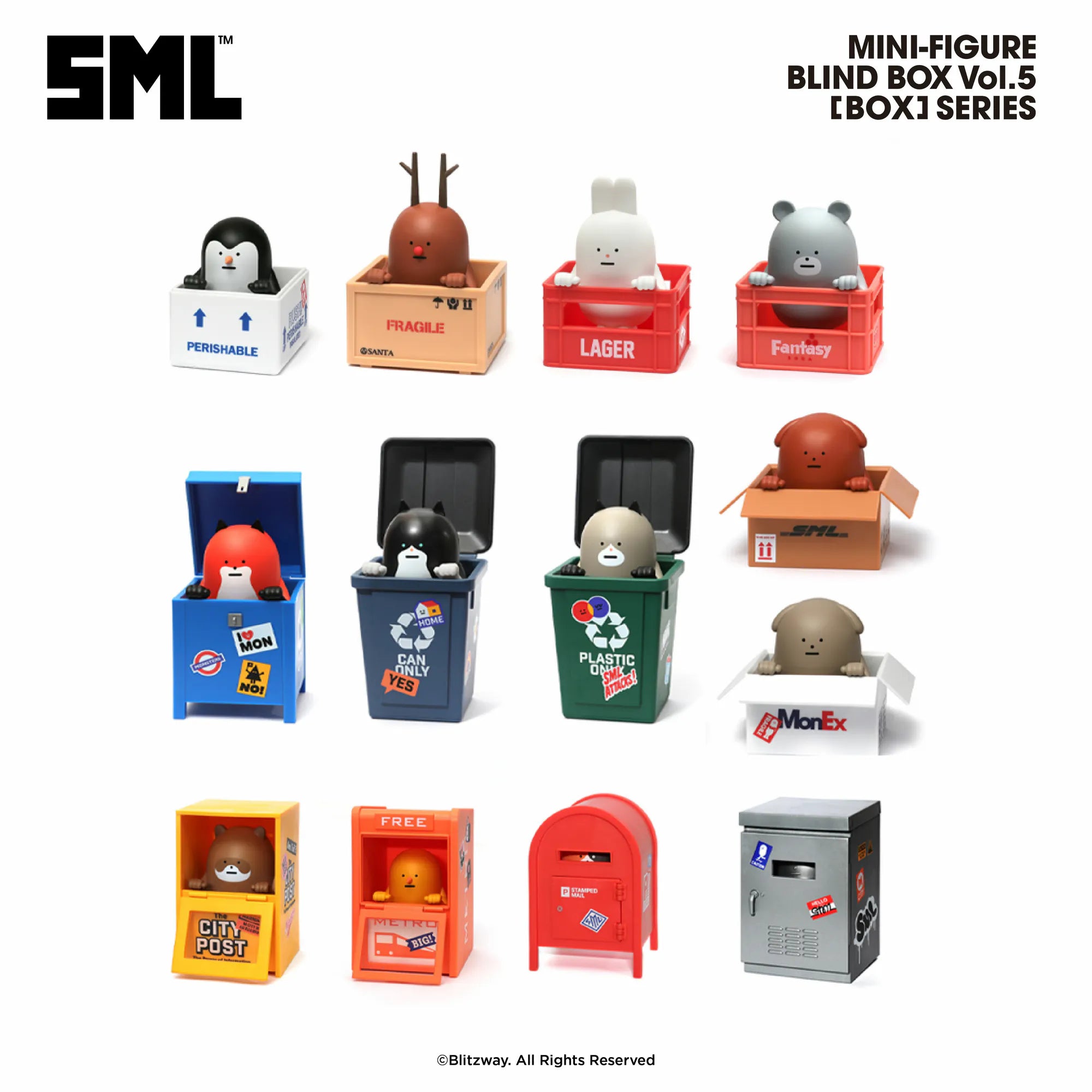Sticky Monster Lab - SML MINI FIGURE BLIND BOX Vol.5 [Box] Series featuring various toy figures in boxed packaging, showcasing collectible designs with a secret ROBOCATMON version.