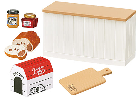 SNOOPY'S BAKERY Re-ment Blind Box Series features 8 toy designs, including a bread face, doghouse, and jam jar, visible against a white background.