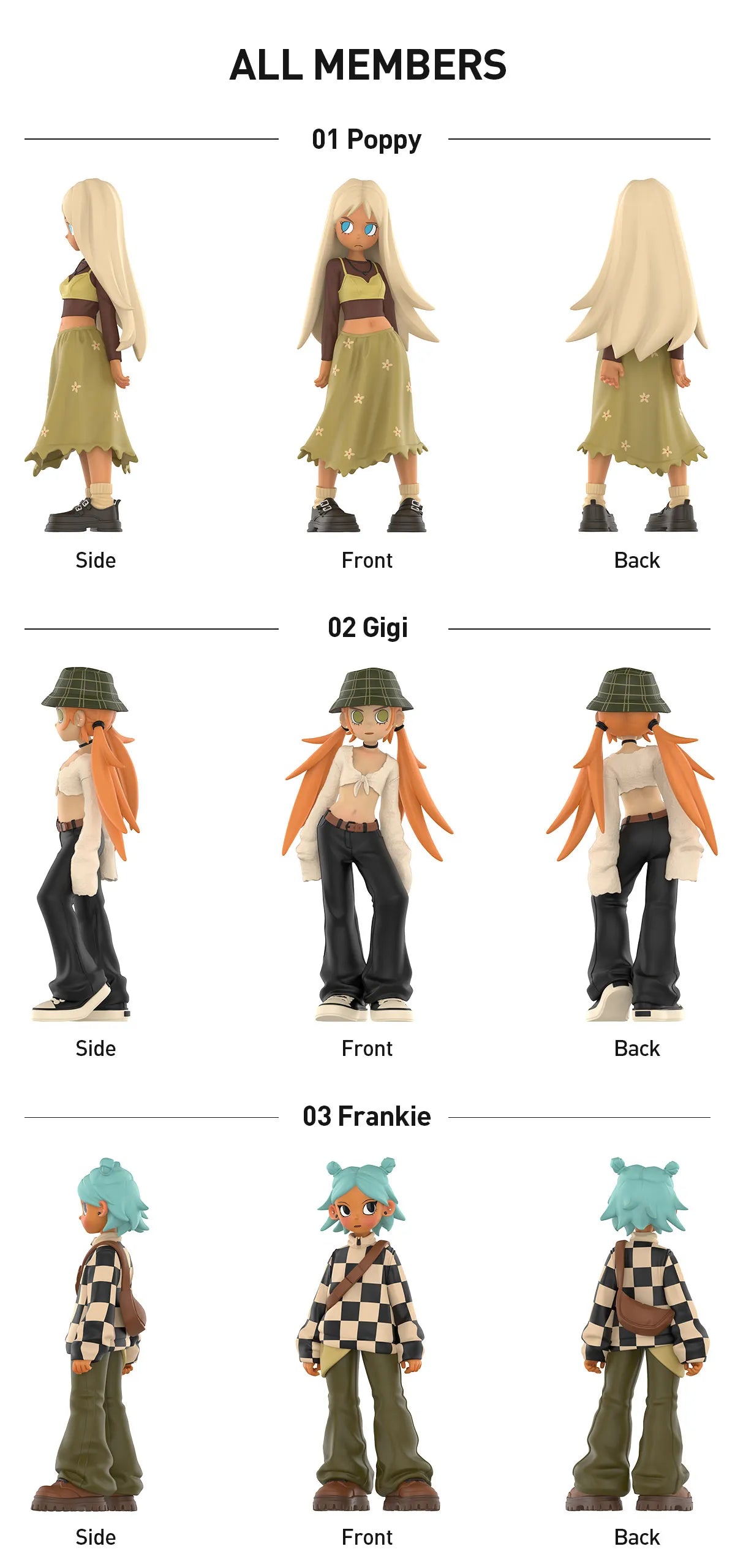 A blind box set of Peach Riot Street Style Figures, featuring cartoon characters in various poses and outfits. Made of ABS/PVC, each figure is 4.33 inches tall.