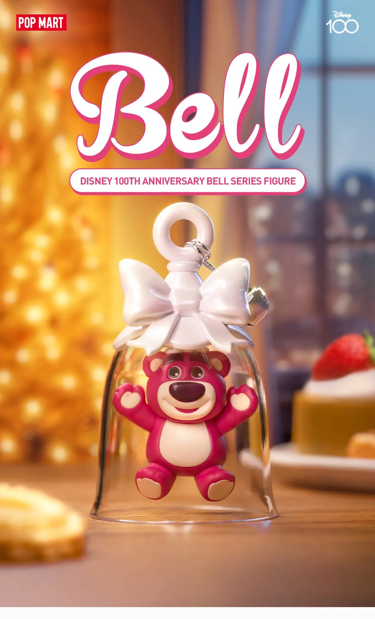 Disney 100th Anniversary Bell Blind Box Series featuring a pink bear toy encased in a glass bell, part of a collectible art toy collection.