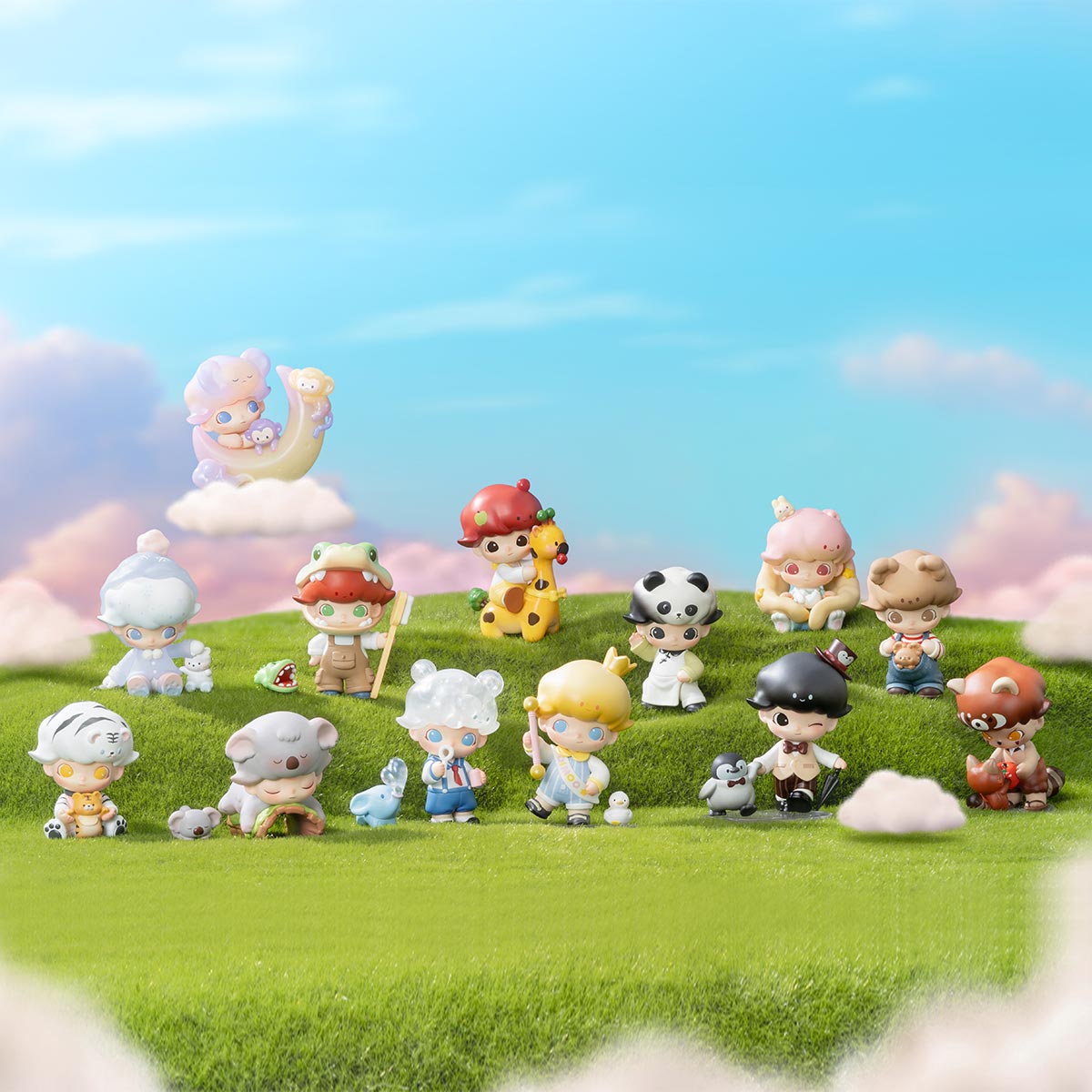 DIMOO Animal Kingdom Blind Box Series featuring cartoon toy figurines, including a boy riding a giraffe and a child holding a teddy bear on a grassy hill.