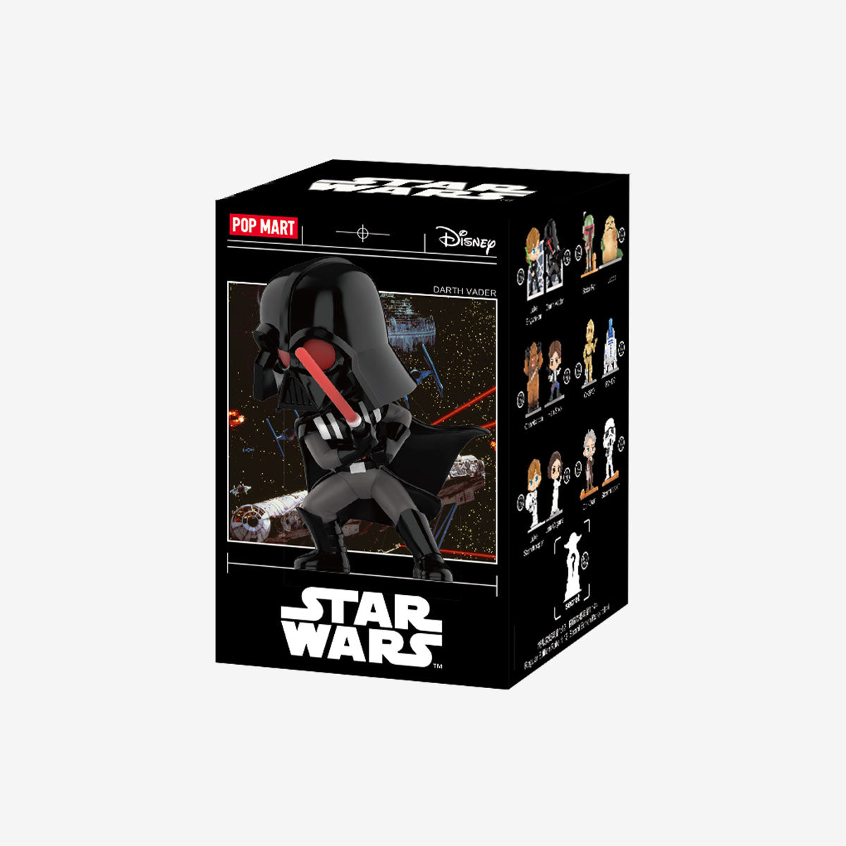 Star Wars Series Figures - Preorder: Chibi Darth Vader collectible from Pop Mart, featuring a lightsaber, with series lineup and logos on the packaging.