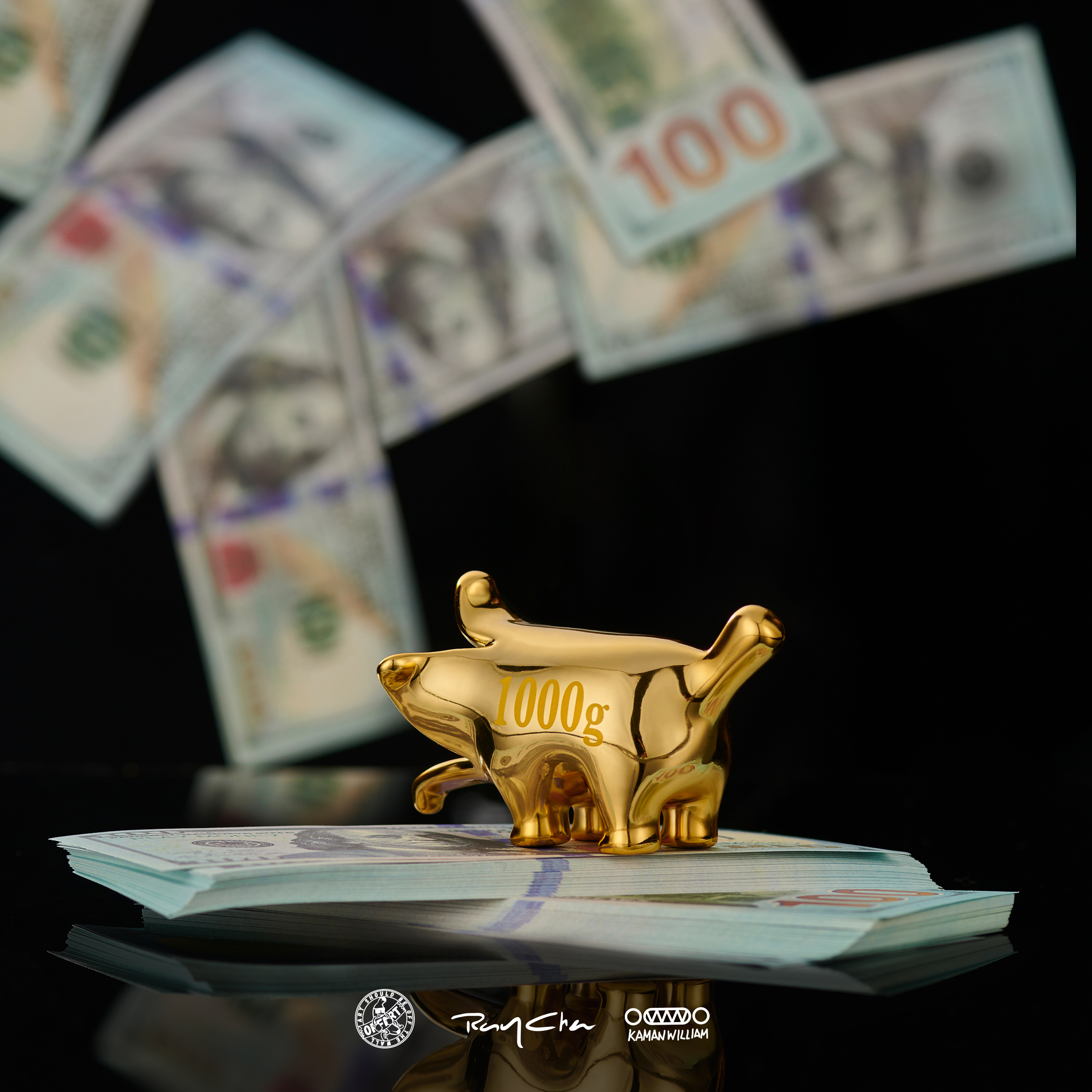A blind box and art toy store presents OFFART X Kamanwillam Bananaer Dog Mini Gold Edition: a PVC piggy bank with detachable banana pulp feature. Gold pig figurine atop money.