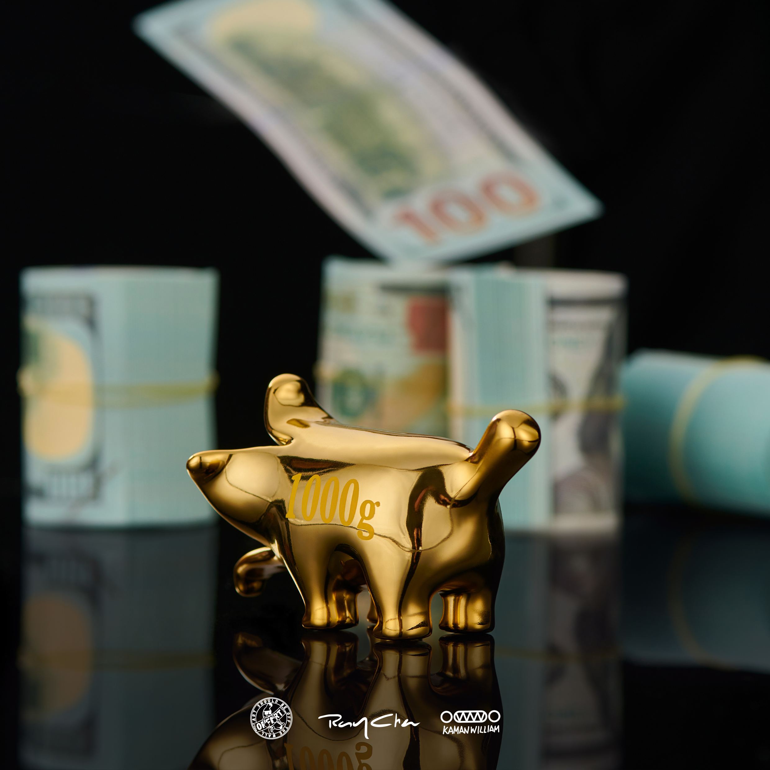 A blind box collectible: OFFART X Kamanwillam Bananaer Dog Mini Gold Edition. PVC statue of a golden piggy bank with rolled money, on a black surface. Magnetically detachable, 5*5*9CM.