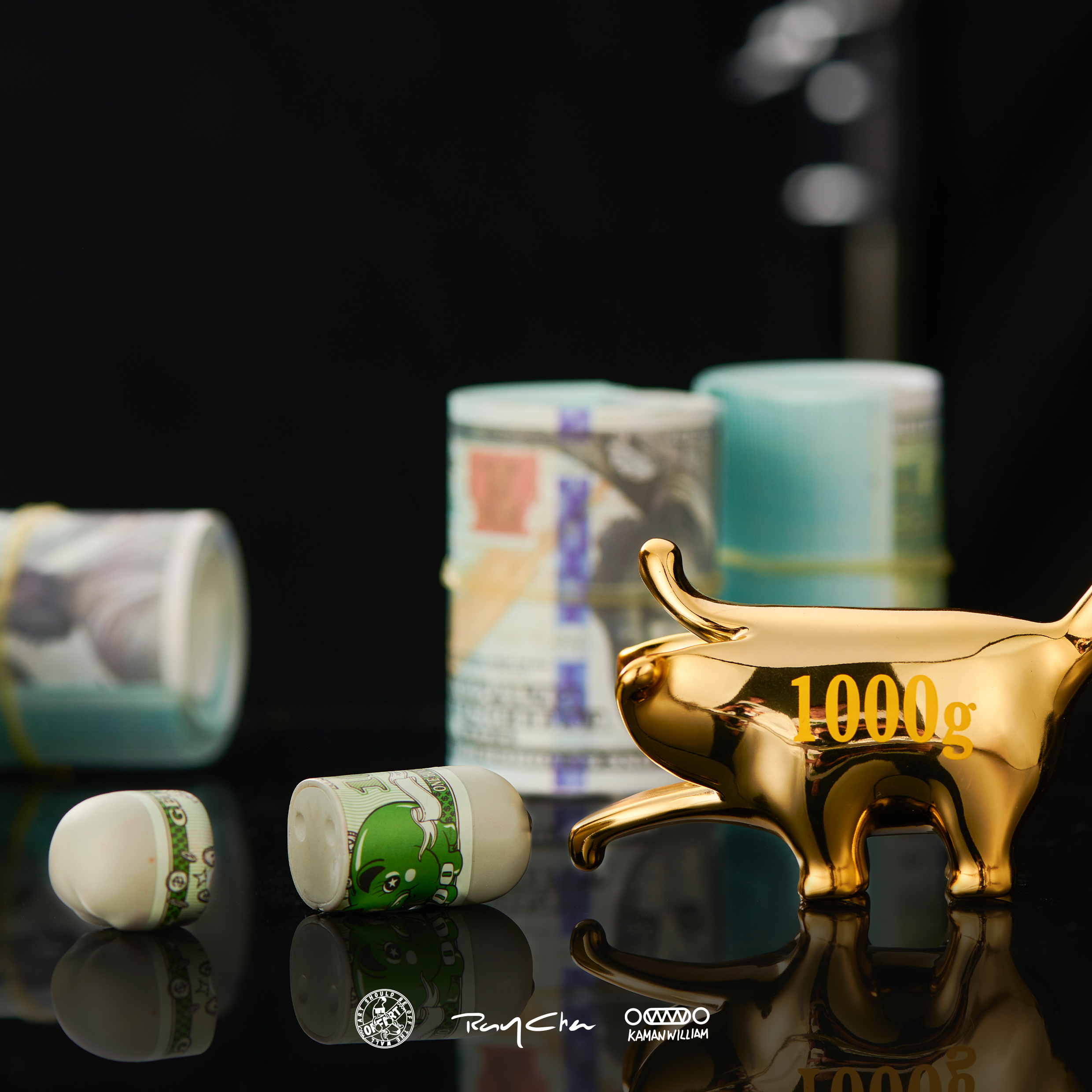 A blind box and art toy store's OFFART X Kamanwillam Bananaer Dog Mini Gold Edition: a gold dog figurine with a number, next to rolled money, featuring a magnetically detachable small banana pulp.
