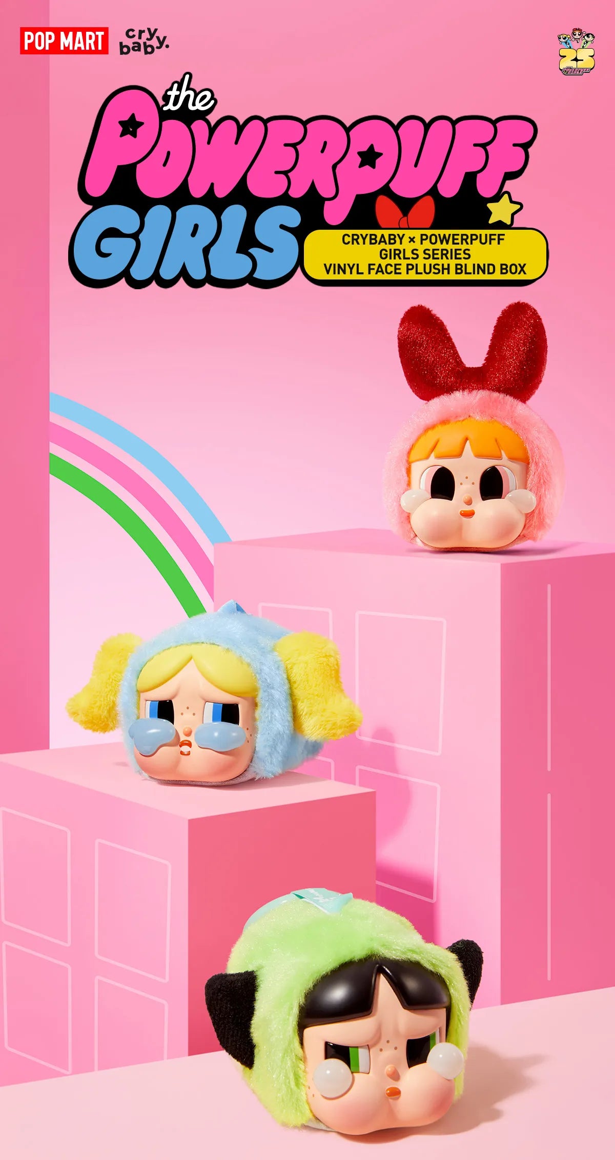 CRYBABY × Powerpuff Girls Series-Vinyl Face Plush Blind Box featuring toys with unique fur hats and ears, highlighting vibrant designs and playful features.