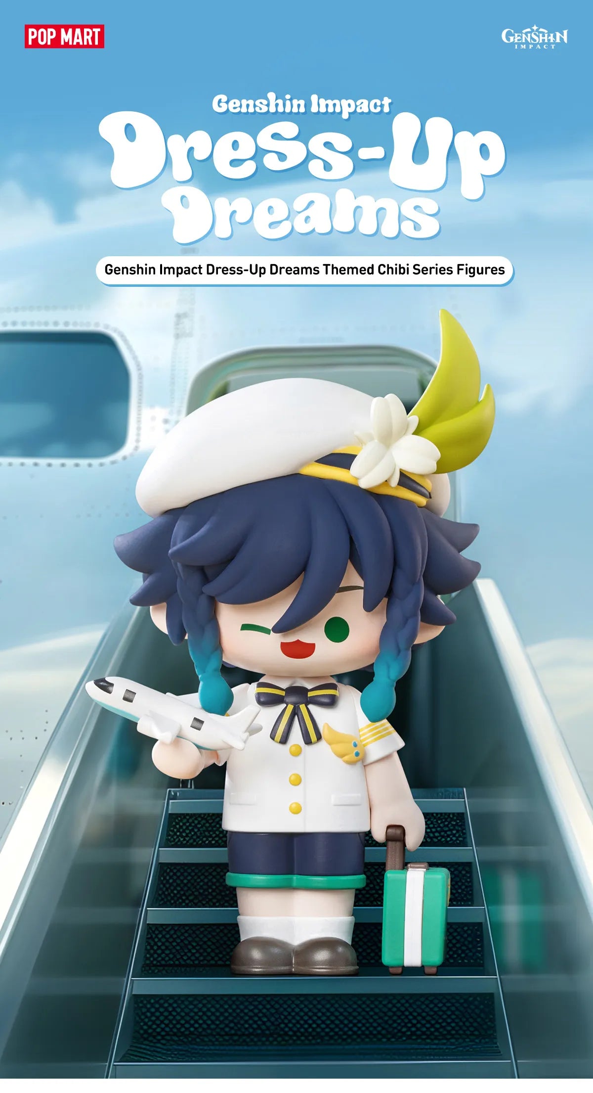 Genshin Impact Dress-Up Dreams Chibi Blind Box featuring a cartoon character holding a plane, part of a 12-design series with one secret variant.
