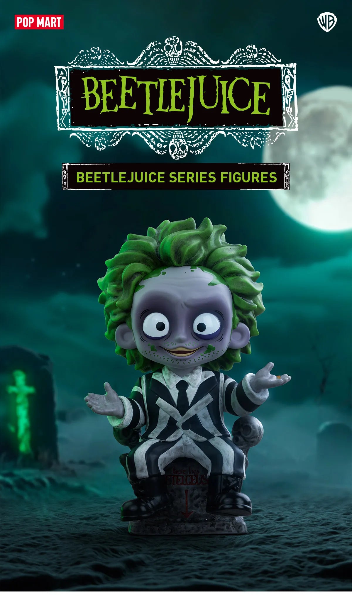 Beetlejuice Blind Box Series toy figure with green hair and a black and white suit, part of a collectible set from Strangecat Toys.