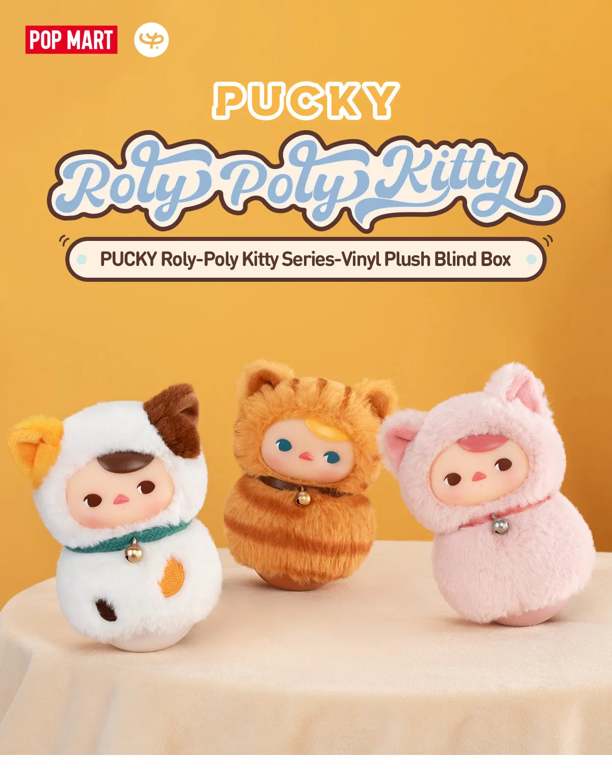 PUCKY Roly-Poly Kitty Series-Vinyl Plush Blind Box features a variety of stuffed animal designs, showcasing multiple plush toys in a display setting.