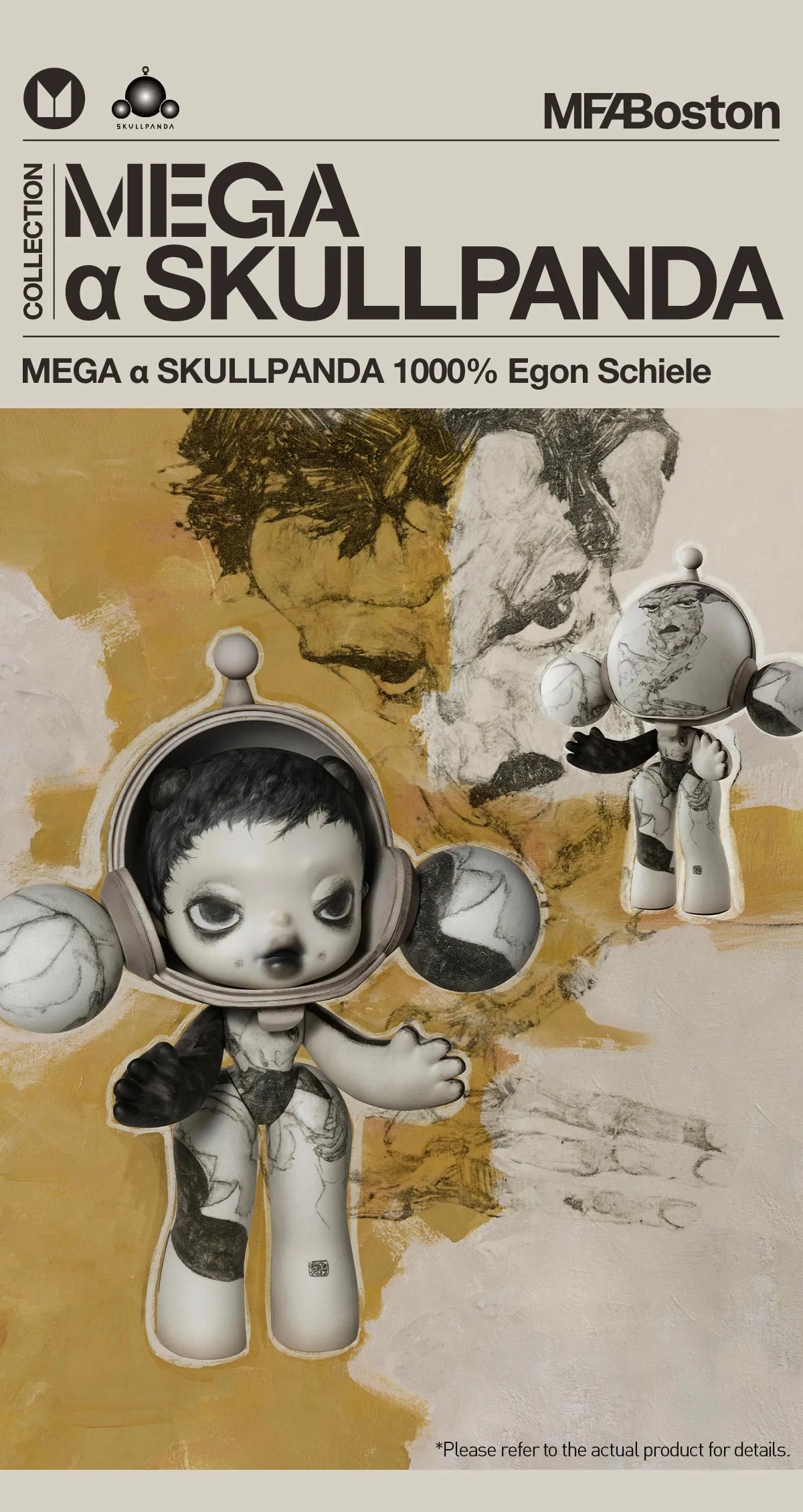 MEGA α SKULLPANDA 1000% Egon Schiele features a cartoon character with a helmet, emphasizing its oversized design and unique art toy appeal.