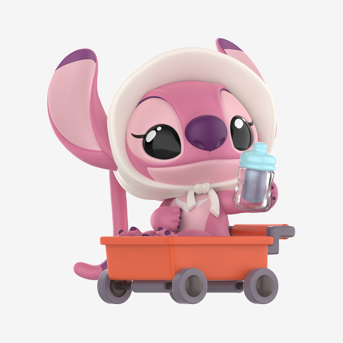 Disney Stitch on a Date Series figure, a pink creature with big eyes in an orange wagon, holding a baby bottle. Preorder for Strangecat Toys.