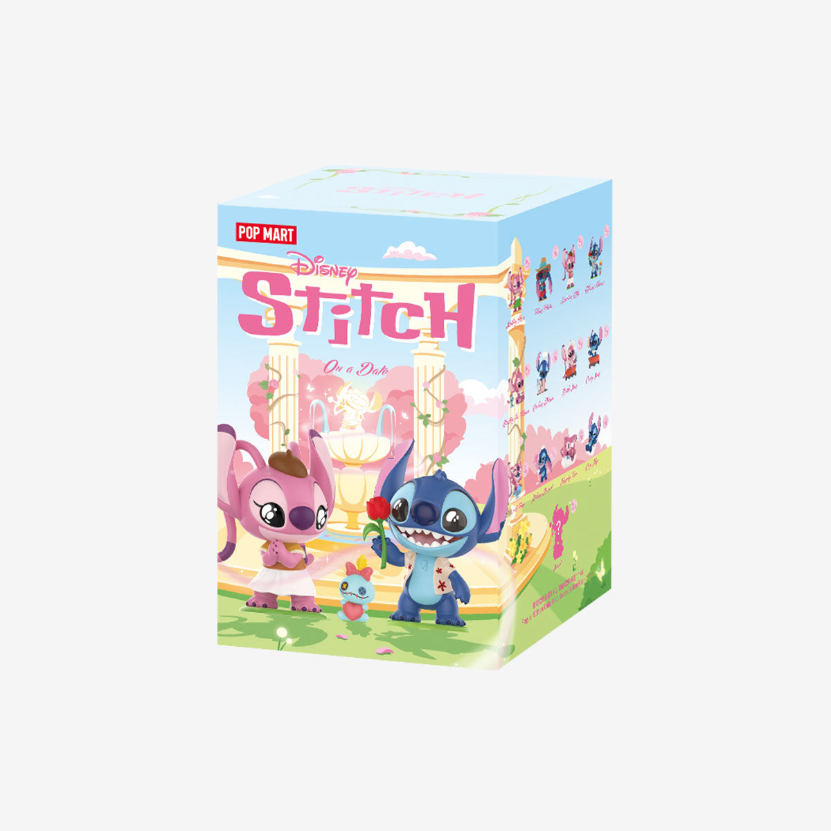 Disney Stitch on a Date Series Figures - Preorder. Features Stitch, Angel, and Scrump figures in a garden setting. Includes 12 designs plus a secret variant.