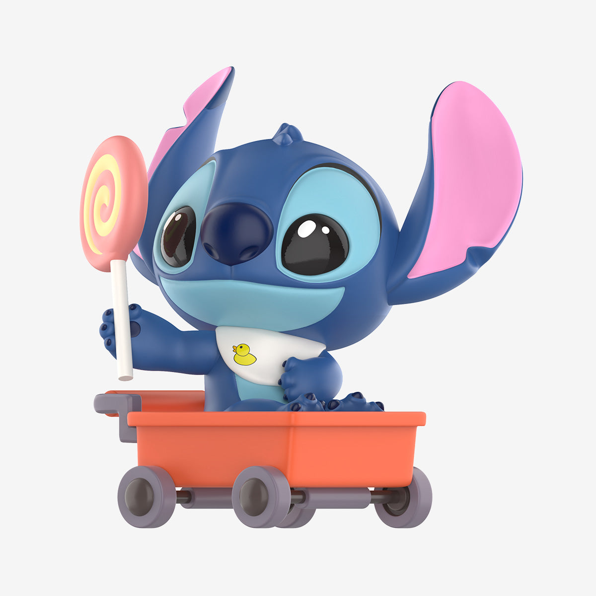 Disney Stitch in orange wagon with lollipop and bib, part of Stitch on a Date Series Figures. Preorder for collection from Strangecat Toys.