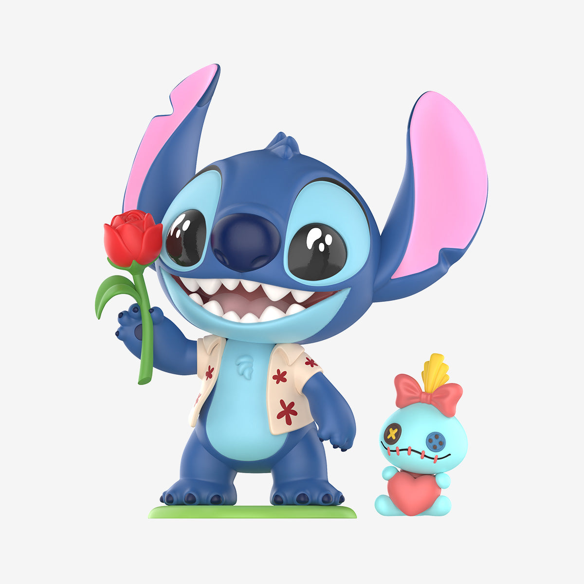 Disney Stitch on a Date Series Figures - Preorder: Stitch in a Hawaiian shirt holding a rose, with Scrump, on a base. Preorder for October 2025 shipment.