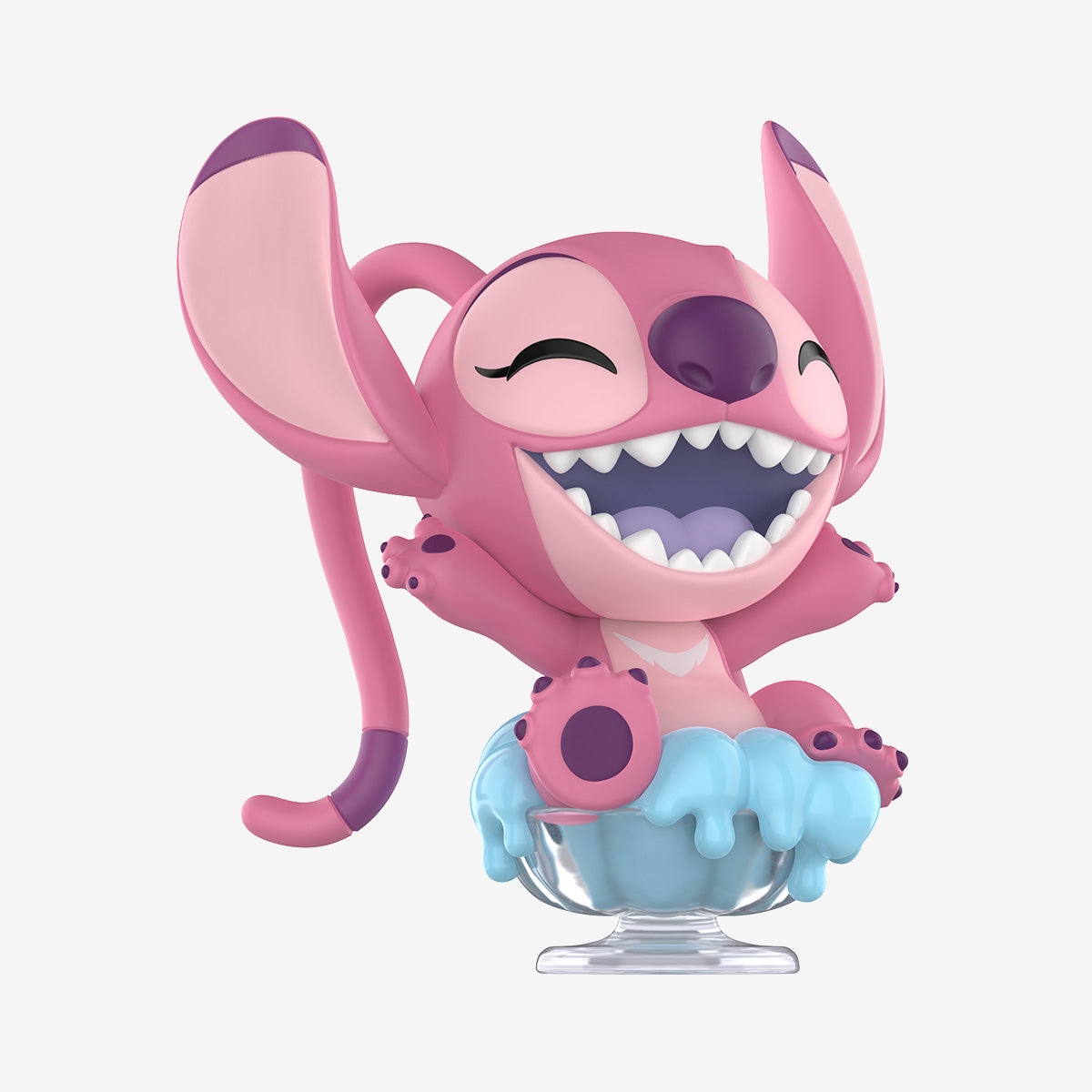 Disney Stitch on a Date Series Figure in a glass dish with blue slime, featuring a joyful pink cartoon creature enjoying its treat.
