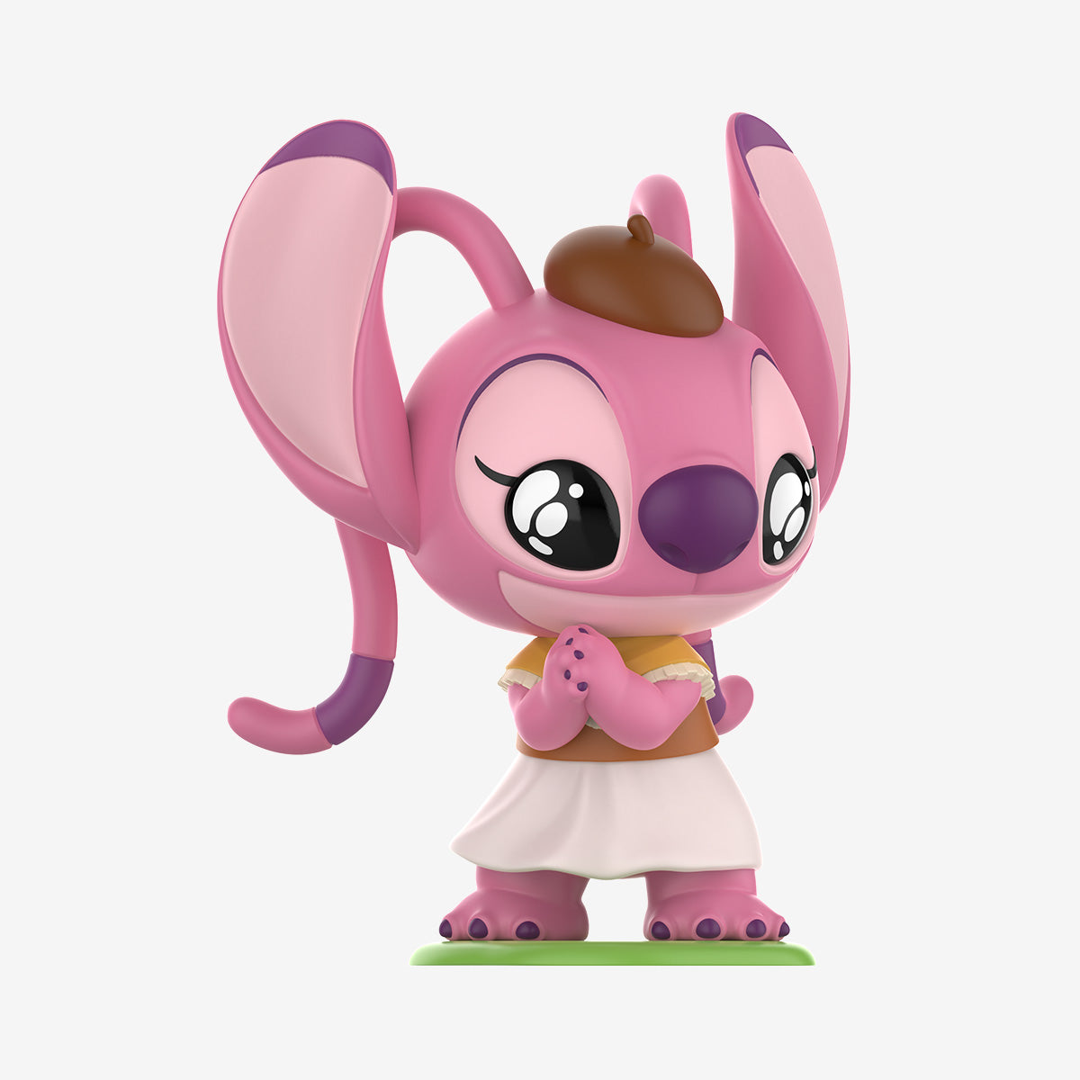 Disney Stitch on a Date Series Figures - Preorder: A pink figurine with oversized ears, wearing a beret and mustard yellow top, standing bashfully on a green base.