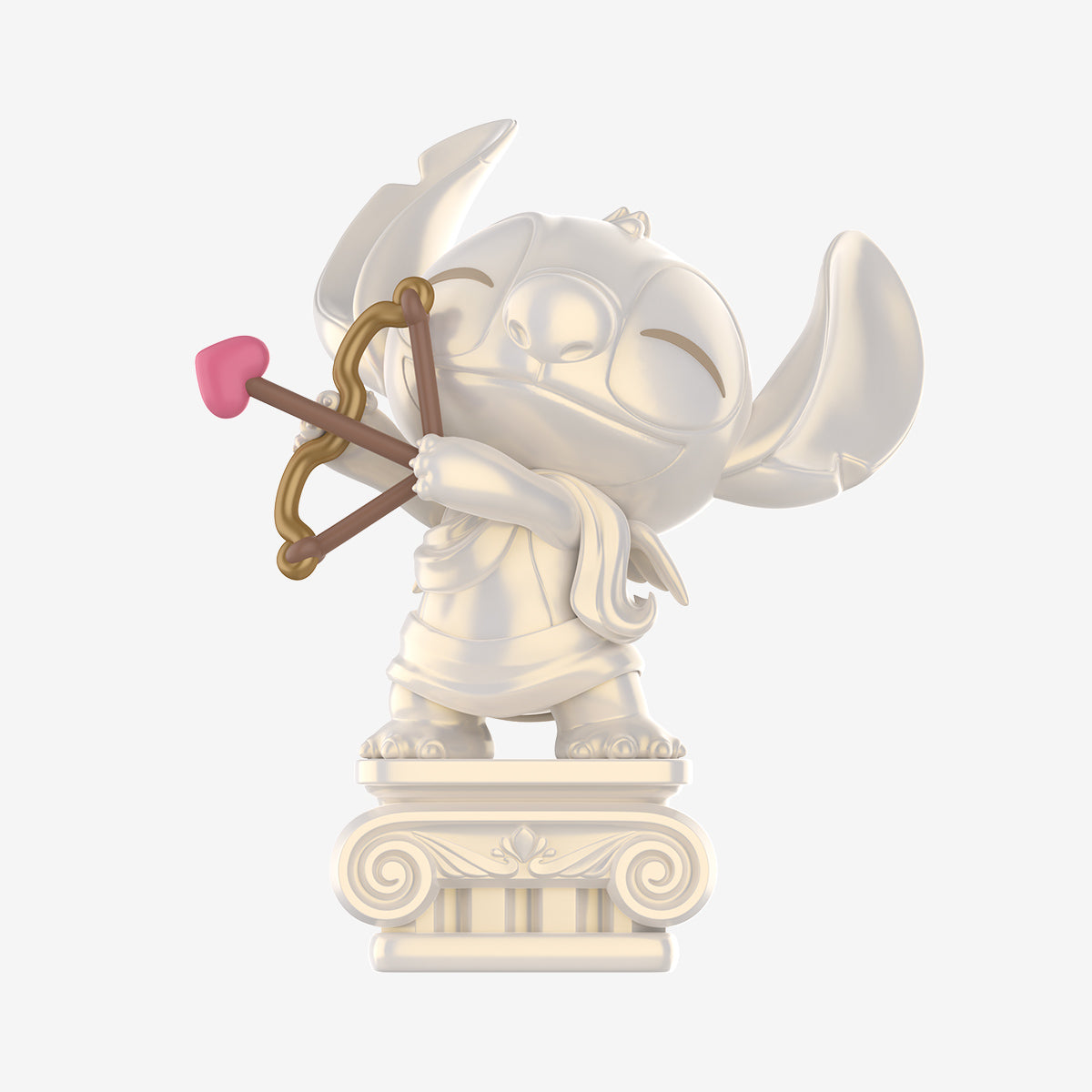 Disney Stitch on a Date Series Figure: Ivory statuette of Stitch as Cupid, poised with bow and heart-tipped arrow atop a classical column pedestal.