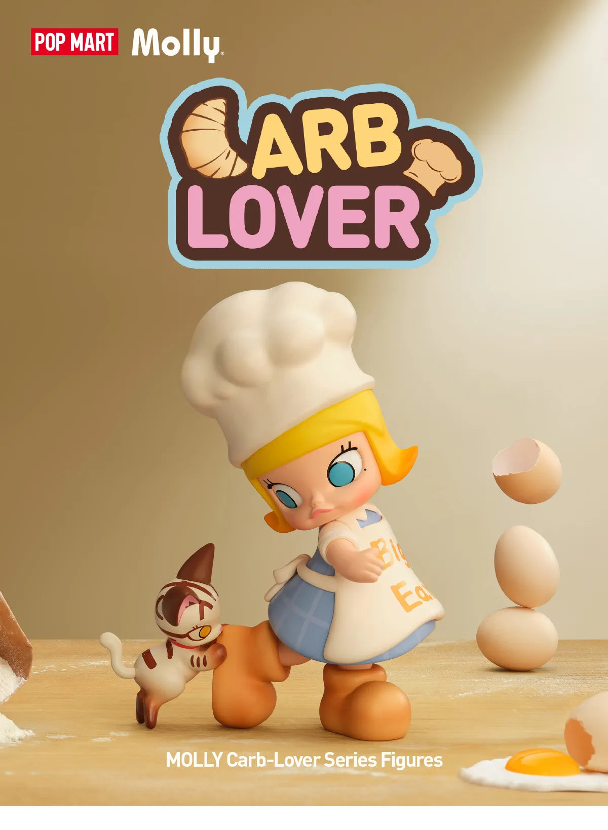 MOLLY Carb-Lover Series figure as a baker with chef's hat, apron, and cartoon cat, surrounded by eggs and yolk, promoting collectible art toys.