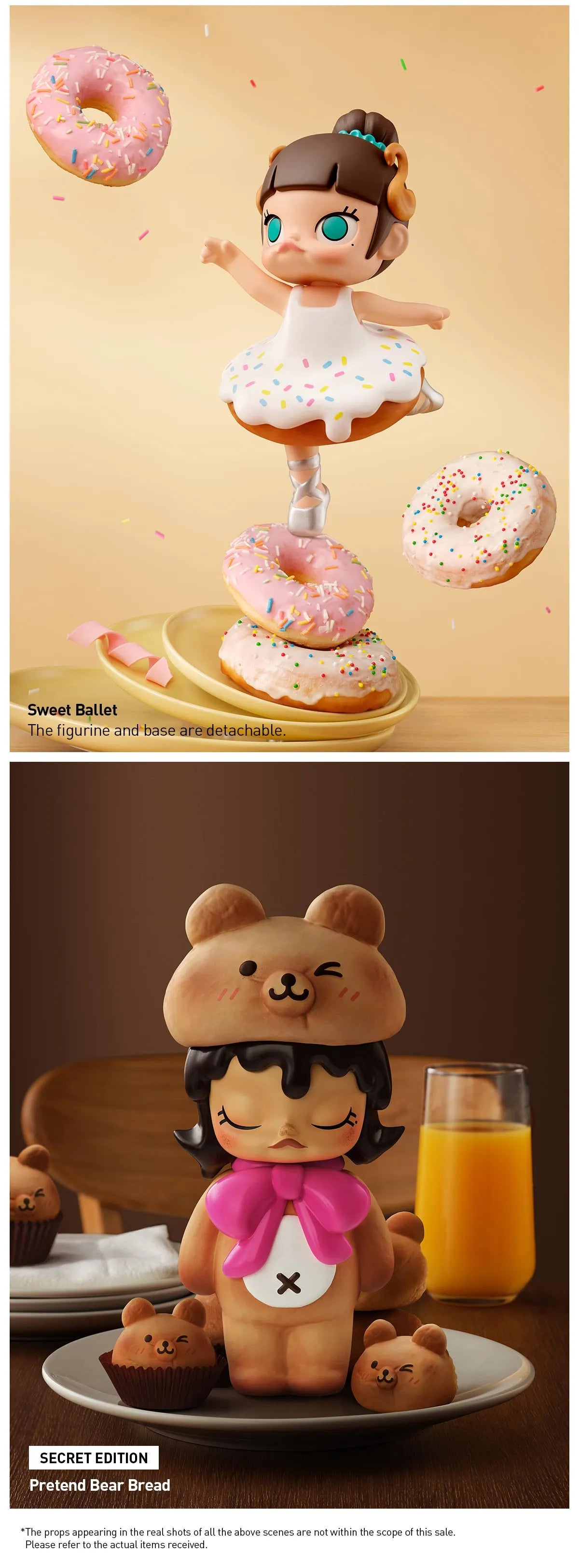 MOLLY Carb-Lover Series Figures: Sweet Ballet ballerina on donuts; Secret Edition – Pretend Bear Bread girl in bear costume with bun treats and juice.