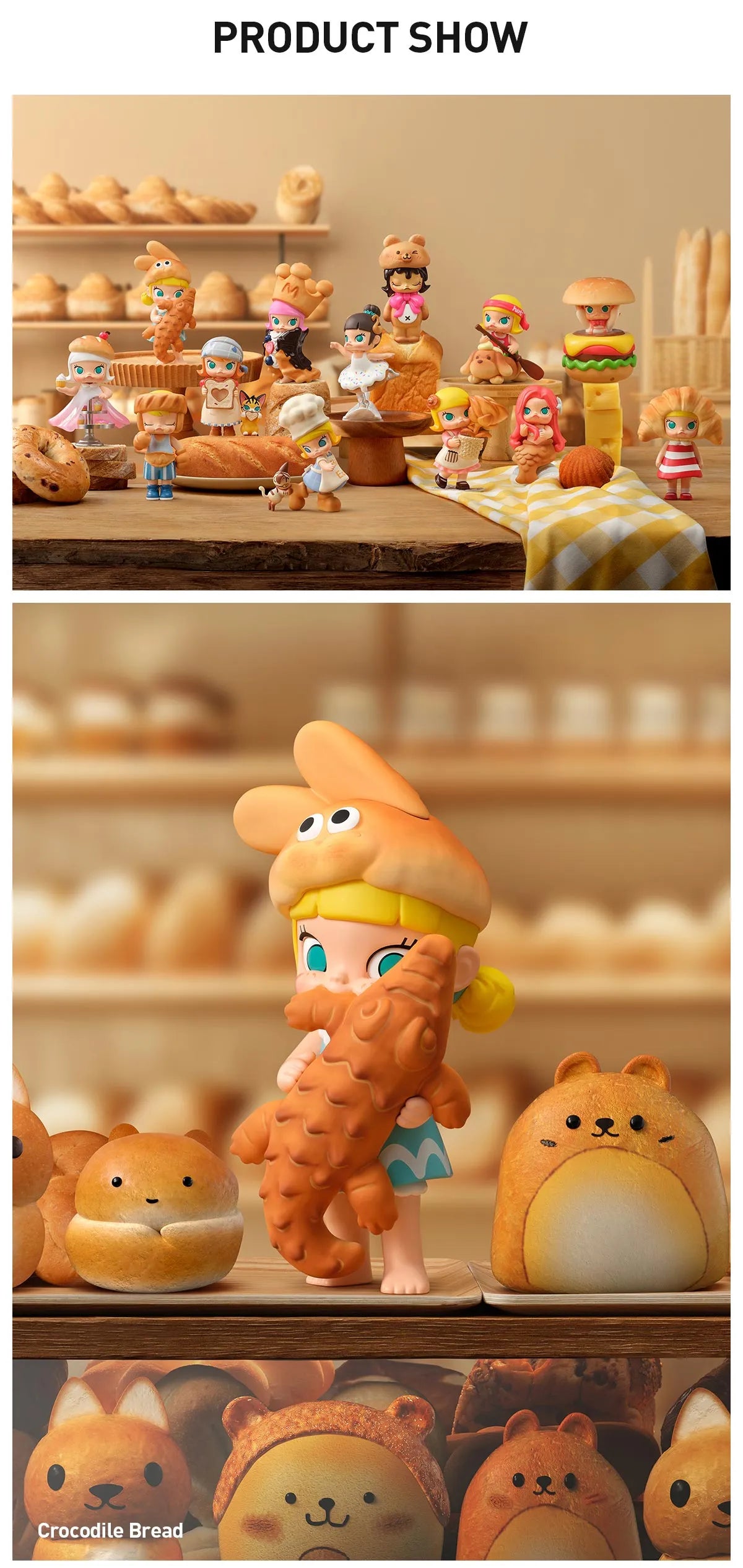MOLLY Carb-Lover Series Figures in a bakery setup, featuring chibi-style characters themed with pastries, including croissant hats and burger costumes, alongside “Crocodile Bread” rolls.