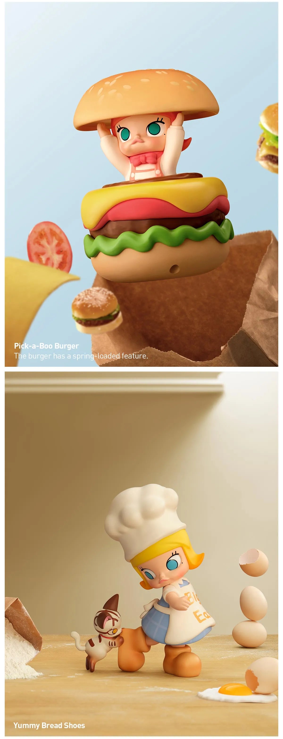 MOLLY Carb-Lover Series Figures: A whimsical toy duo featuring Pick-a-Boo Burger and Yummy Bread Shoes with playful, interactive elements. Part of a 12-design blind box collection.