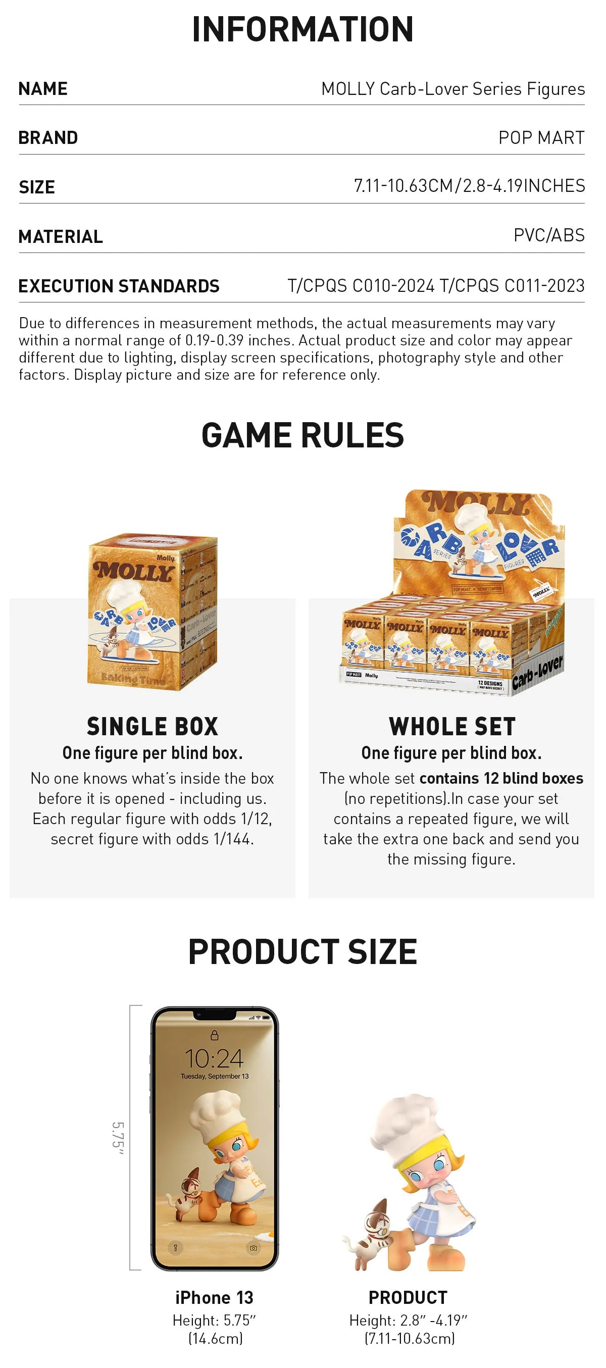 MOLLY Carb-Lover Series Figures by POP MART, featuring blind boxes with 12 unique designs, chef Molly figure, and pastry companion, illustrated with size comparison to an iPhone 13.