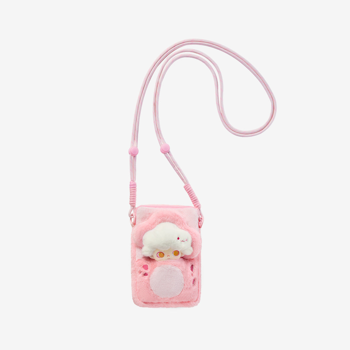 DIMOO Weaving Wonders Series-Quilt Phone Case Blind Box: Plush pink cross-body bag with a sheep character and adjustable strap, part of a collectible series.