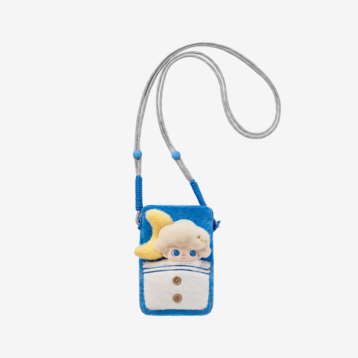 DIMOO Weaving Wonders Series-Quilt Phone Case Blind Box: Plush cross-body bag with fuzzy blue fabric, white buttoned pocket, showcasing a doll head.