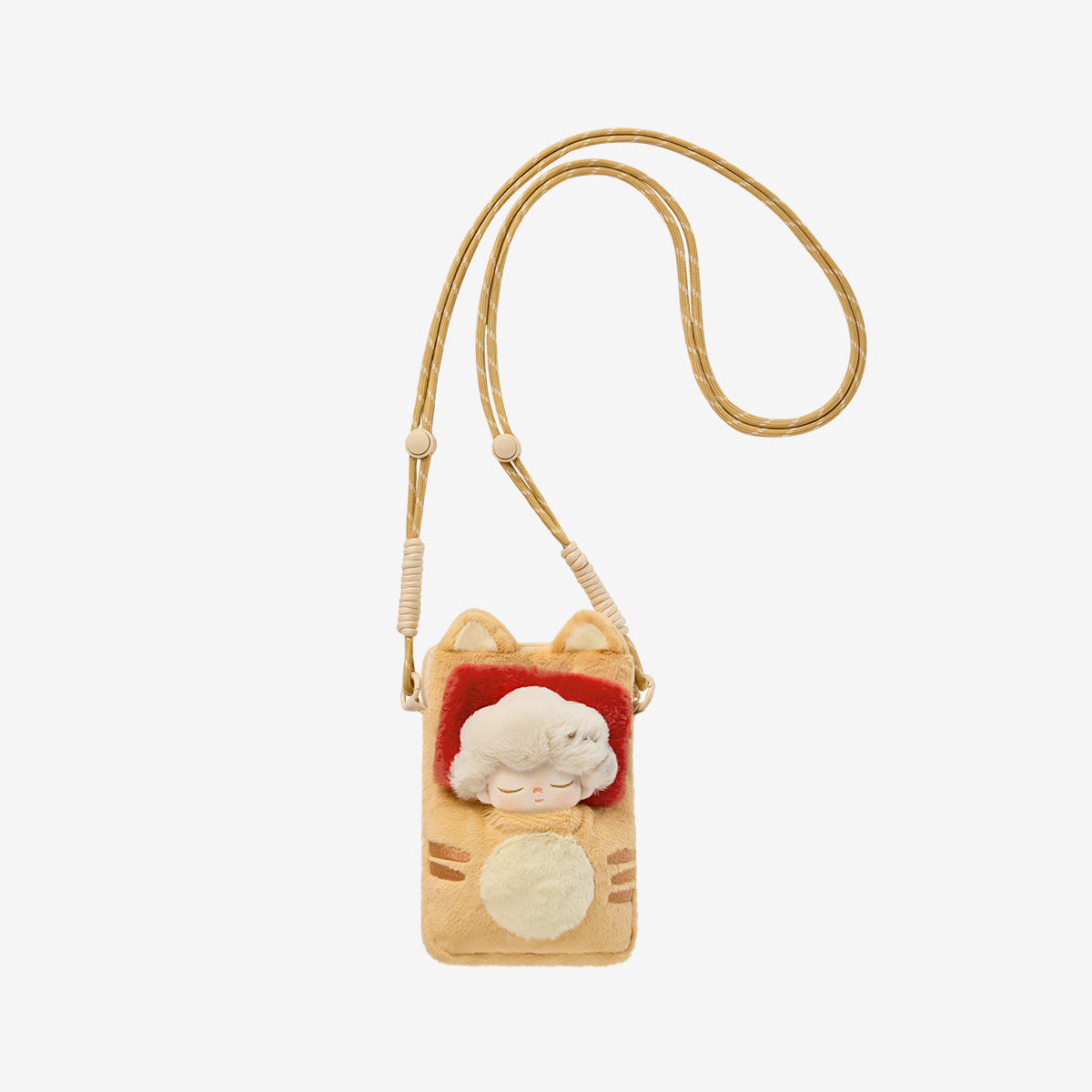 DIMOO Weaving Wonders Series-Quilt Phone Case Blind Box features a plush cat mini bag with a doll's head, and a long corded strap.