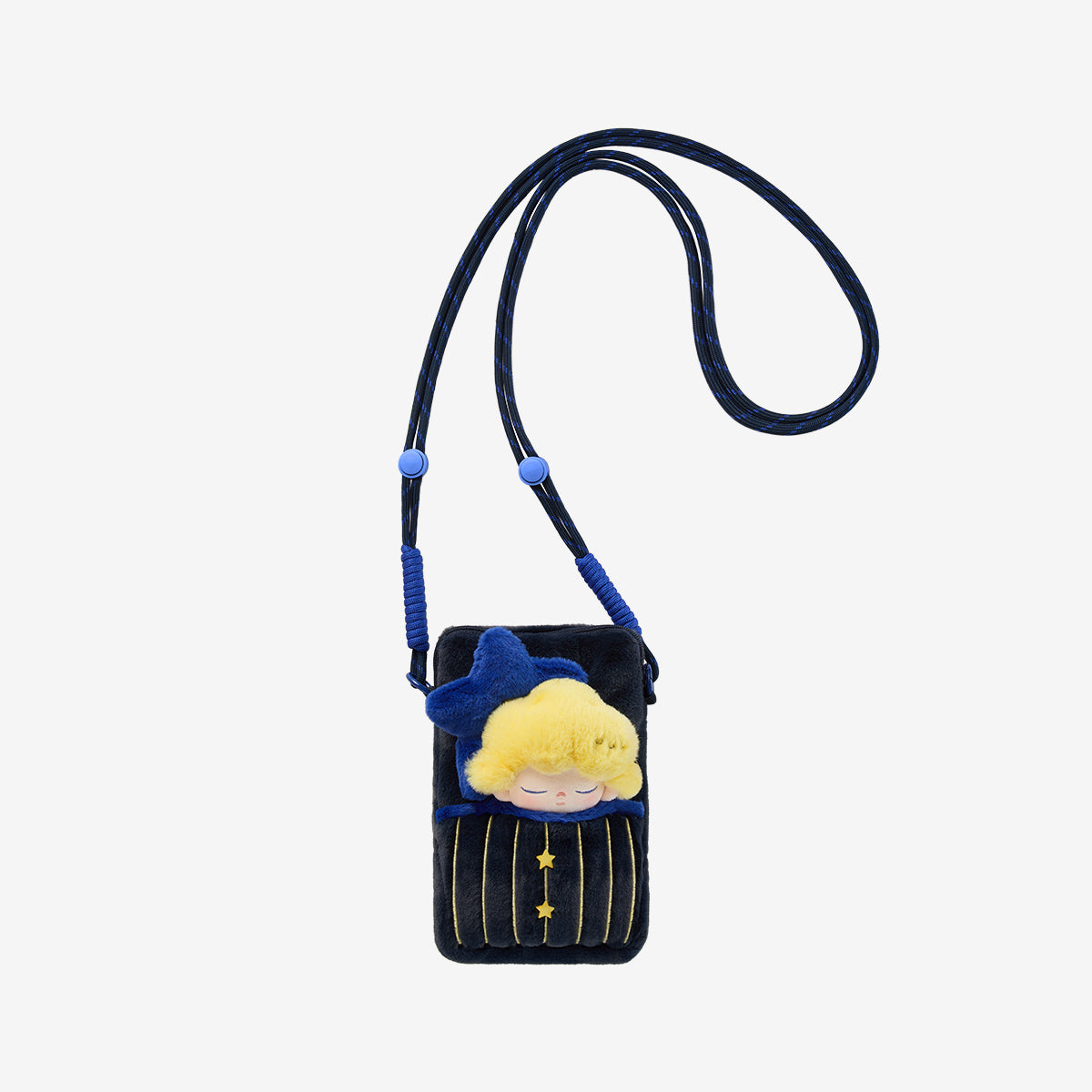 DIMOO Weaving Wonders Series-Quilt Phone Case Blind Box featuring a plush navy mini bag with a whimsical sleeping character and gold-tone accents.