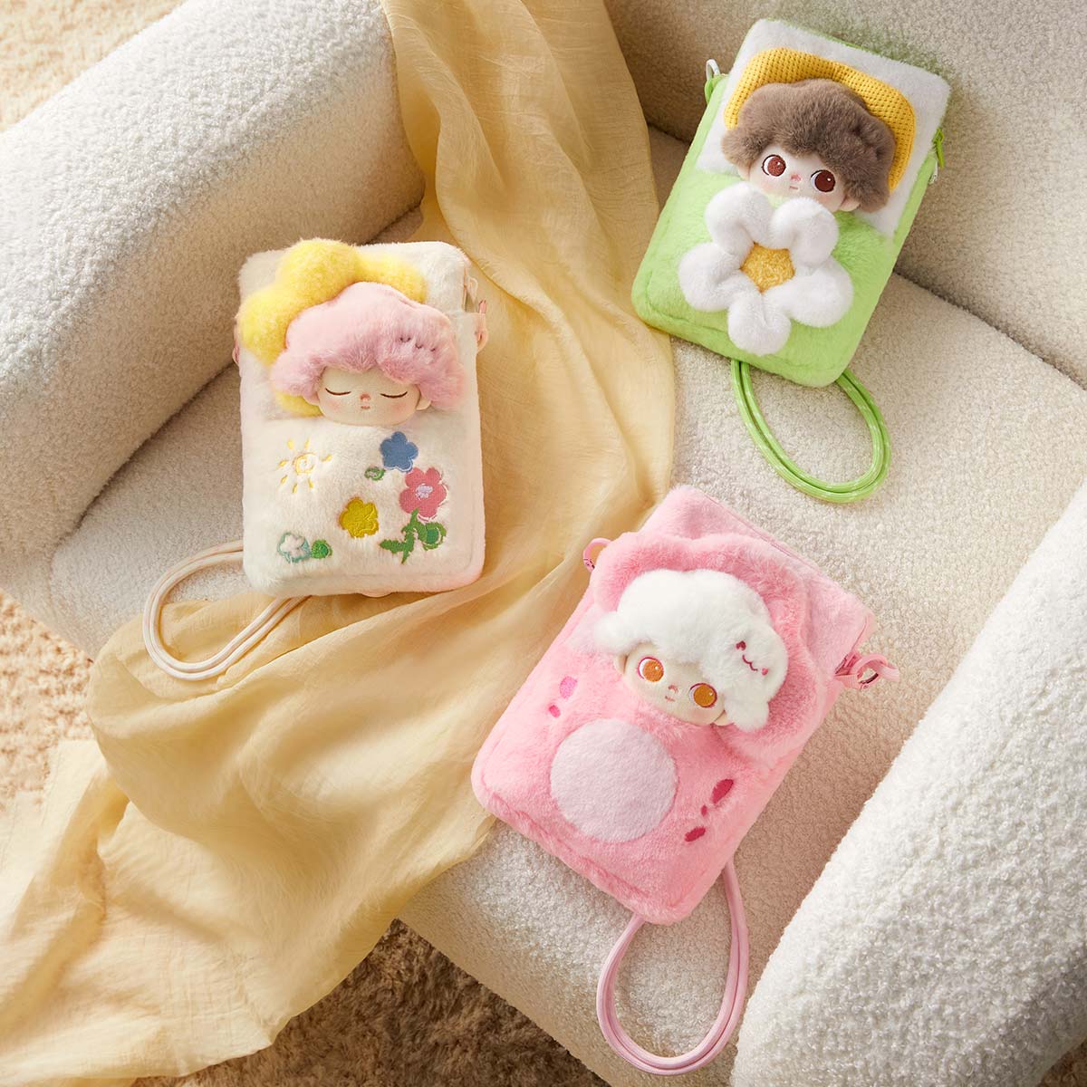 DIMOO Weaving Wonders Series-Quilt Phone Case Blind Box featuring plush cross-body bags with doll heads and floral motifs.
