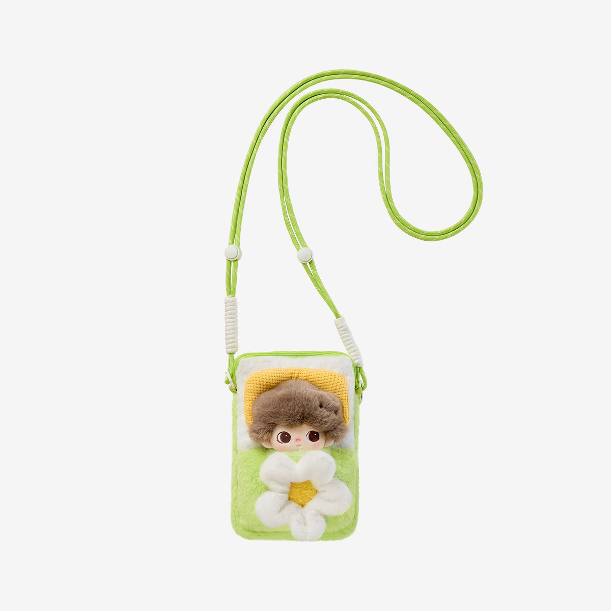 DIMOO Weaving Wonders Series-Quilt Phone Case Blind Box featuring a lime green plush pouch with a flower and doll's head peeking from the top.