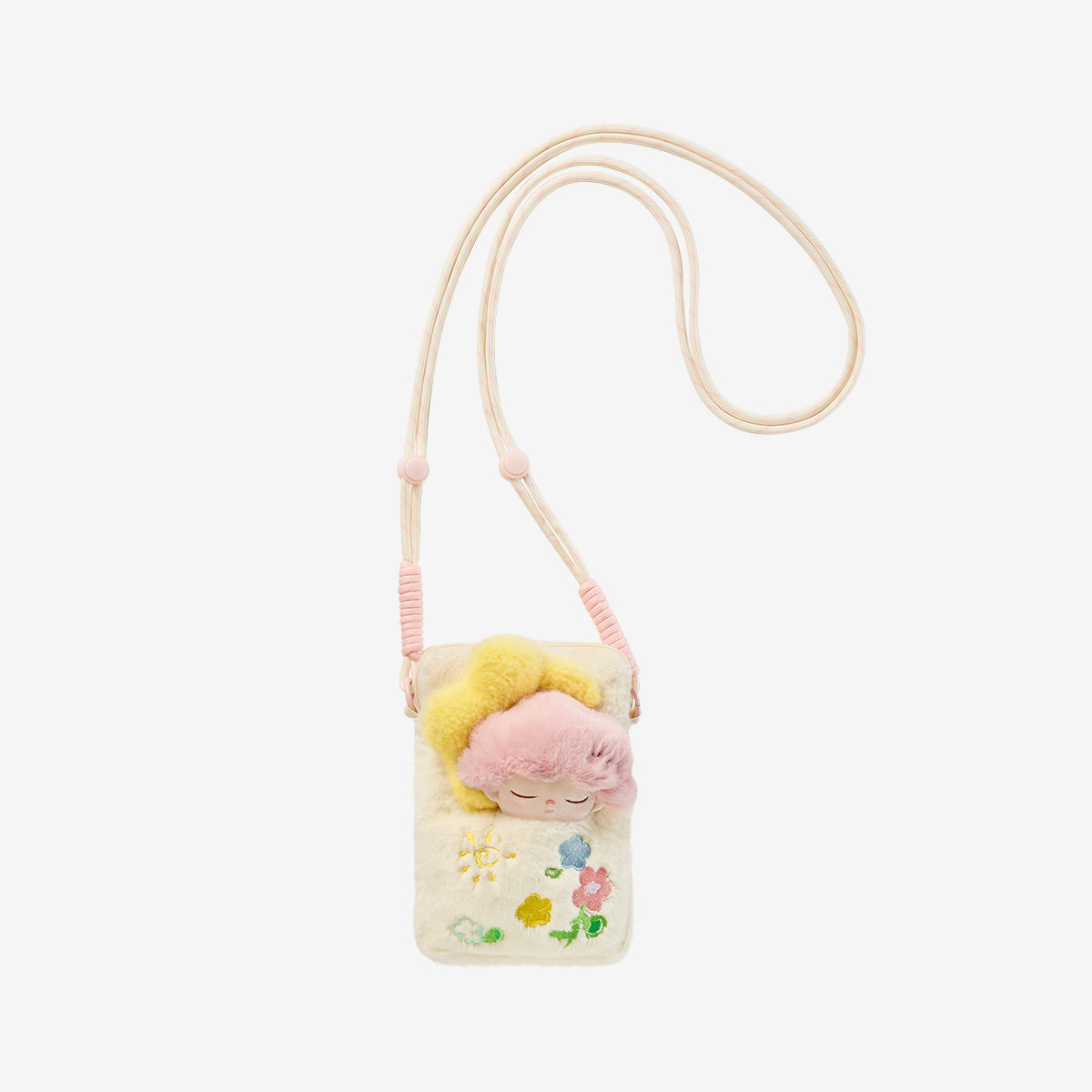 DIMOO Weaving Wonders Series-Quilt Phone Case Blind Box: Plush cross-body mini purse with fluffy doll head, floral motifs, adjustable pink strap.