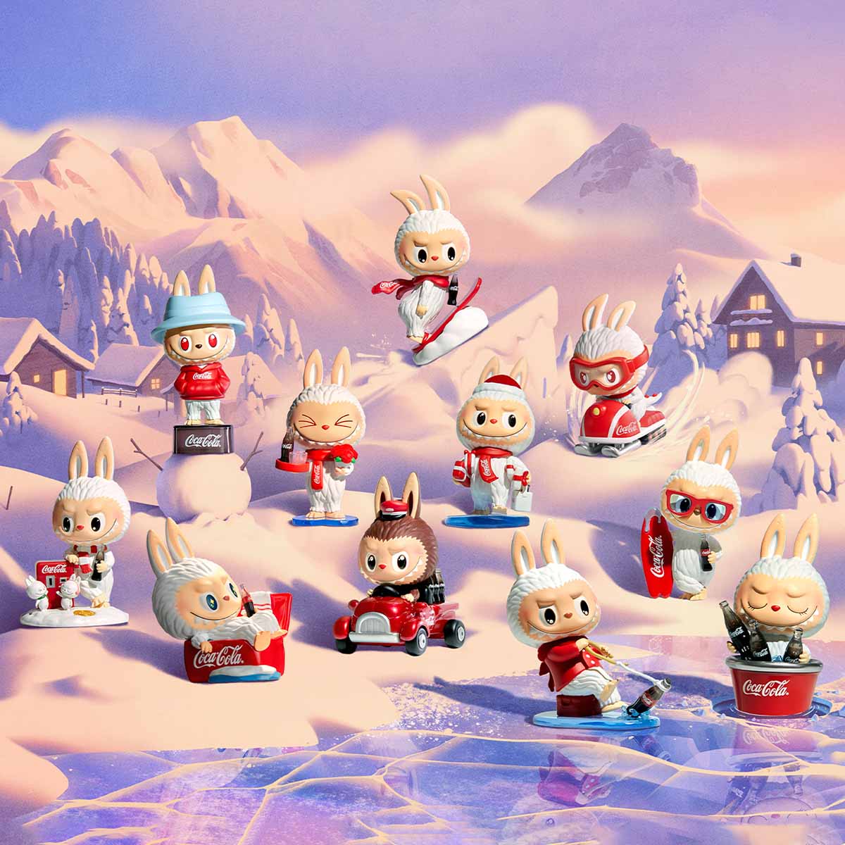 THE MONSTERS COCA-COLA Series Figures featuring bunnies in winter activities, each with Coca-Cola items, part of a collectible blind box series.