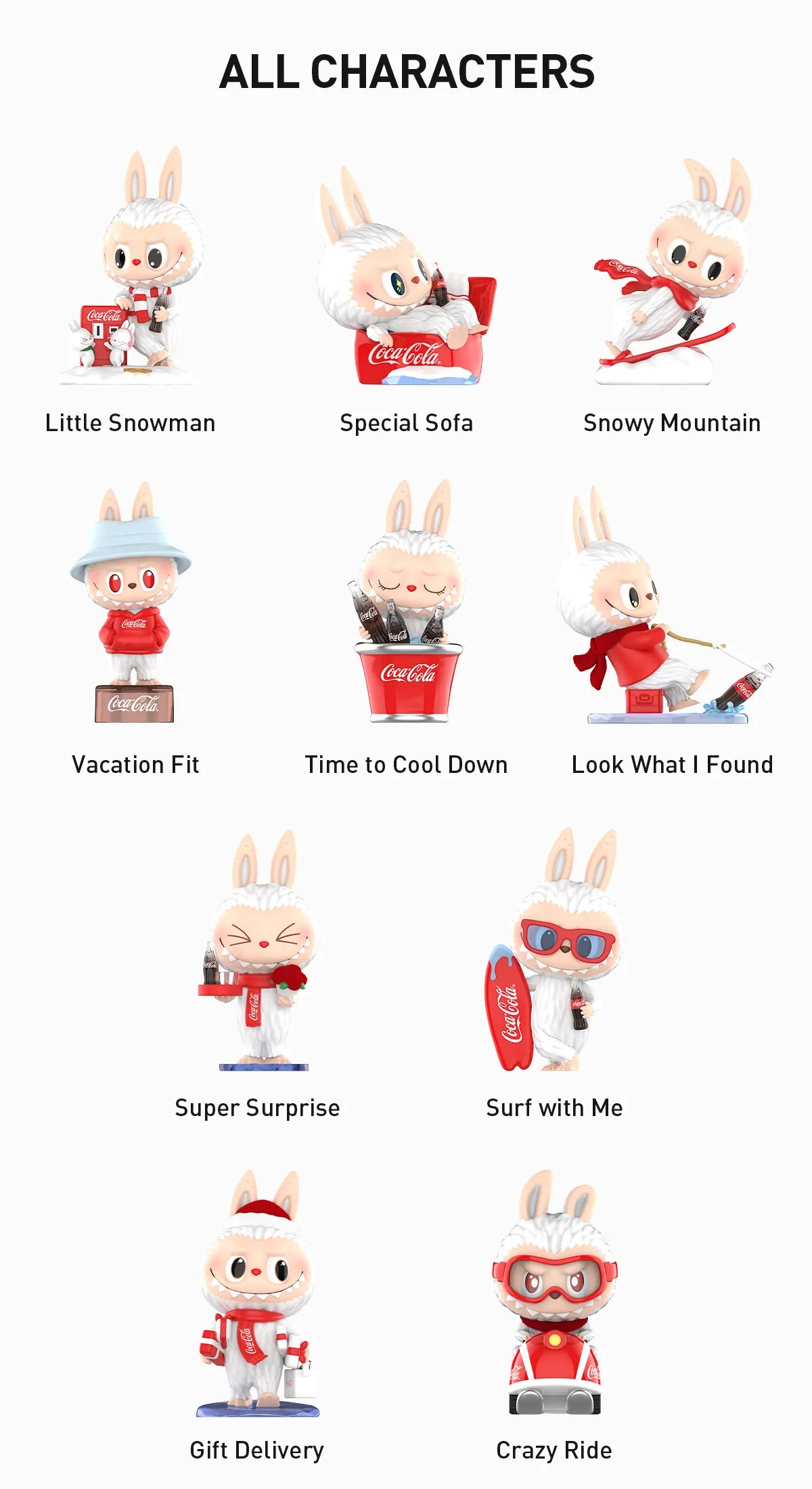 THE MONSTERS COCA-COLA Series Figures featuring ten snow-bunny characters, each themed around Coca-Cola, available as part of a collectible set from Strangecat Toys.