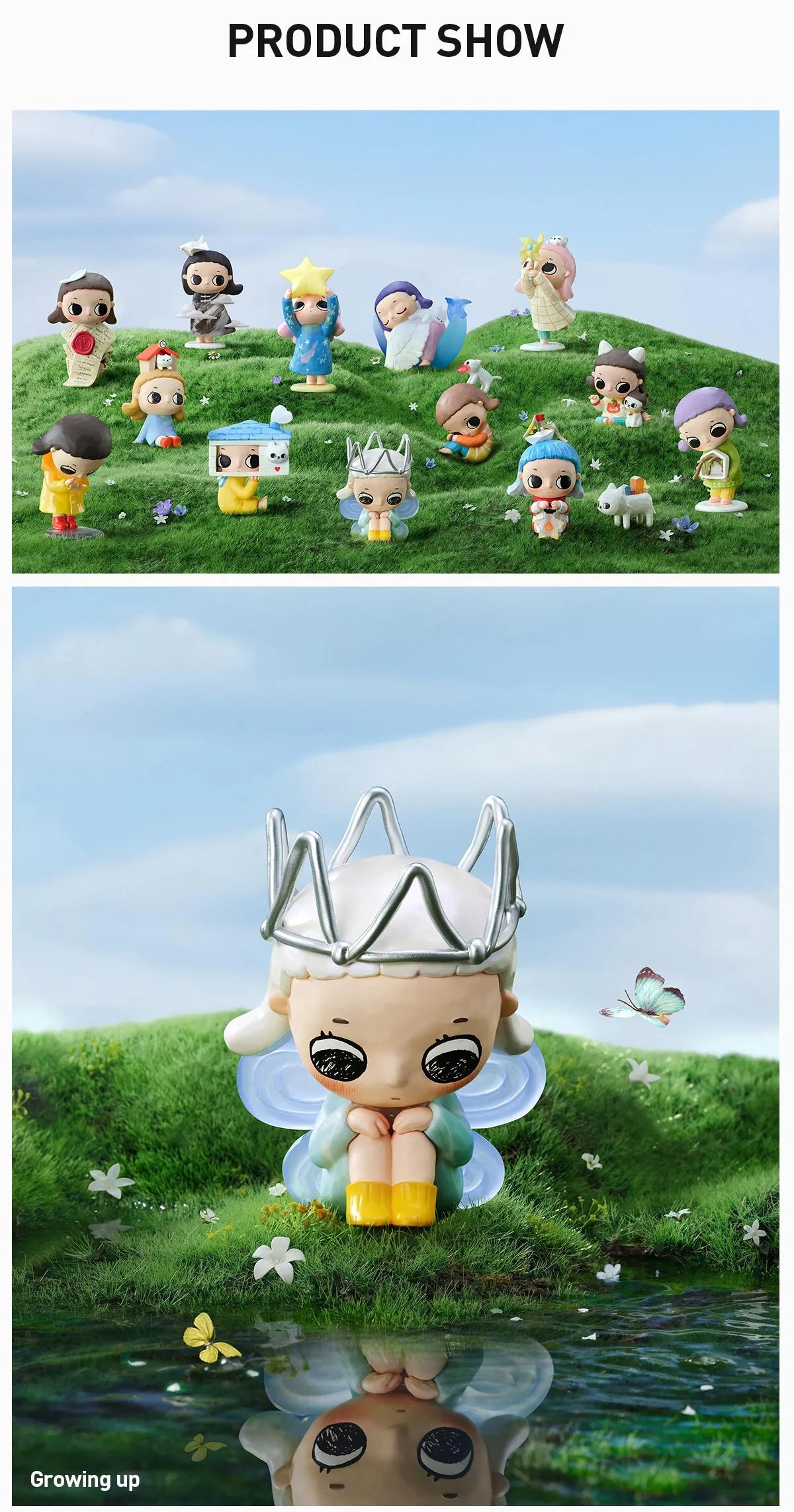 Nyota Growing up by Your Way Blind Box Series Figures displayed on grass, featuring fairy and cartoon figurines. Preorder for late April 2025.